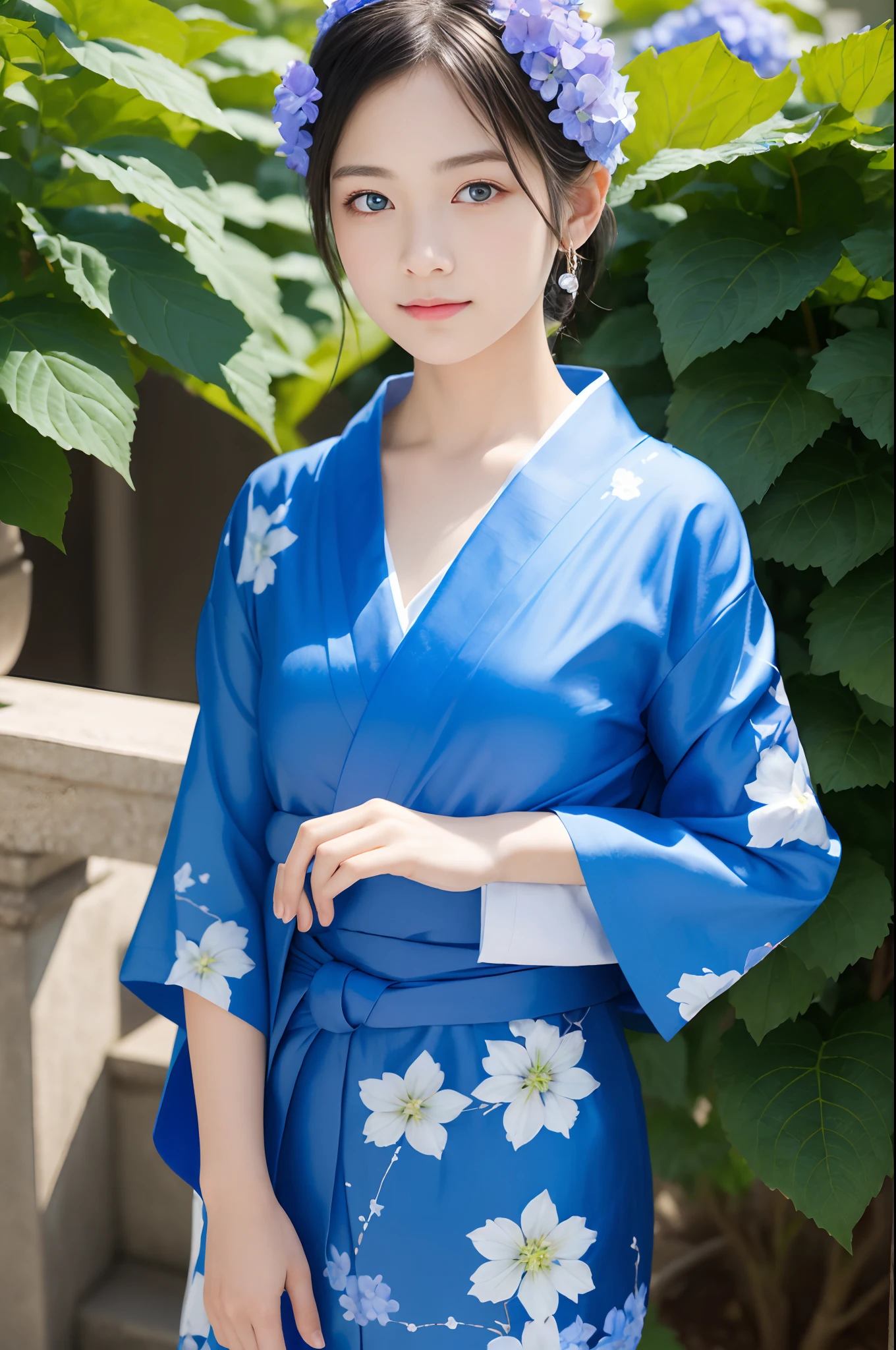 ((Masterpiece, Top Quality, Ultra Definition, High Definition)), Solo, Beautiful Girl, Shining Eyes, Perfect Eyes, Odd Eye, , Blue theme, Yukata, Hydrangea