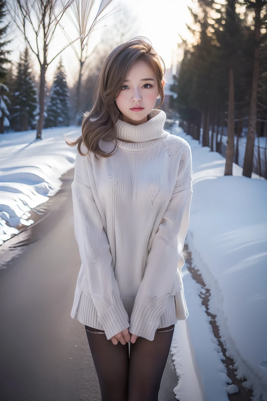 Winters，snow landscape，Beautiful  girl，lacepantyhose，Random color，long sweater，围巾，depth of fields，Real light，Ray traching，OC renderer，UE5 renderer，Hyper-realistic，best qualtiy，8K，Works of masters，super-fine，Detailed pubic hair，Correct anatomy