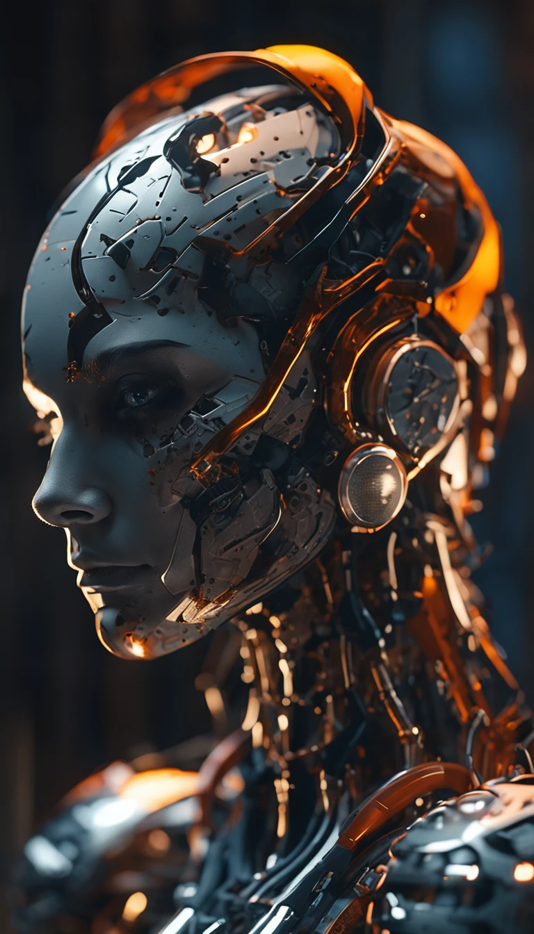 Minimalism, minimal Award winning luxury humanoid robot, hi - tech synthetic bio ethereal metal and orange titanium material, award winning photo, on dark background, dark palette ergonomic photography, incredibly detailed, sharpen details, cinematic production still, cinematography, photorealistic, modern composition, Unreal Engine, Cinematic, Color Grading, portrait photography, Ultra - Wide Angle, Depth of Field, hyper - detailed, beautifully coloured, insane detail, intricate detail, beautifully coloured, Unreal Engine, Cinematic, Colour Grading, Editorial Photography, Photography, Photo Shoot, Depth of Field, DOF, Tilt Blur, White Balance, Super Resolution, Megapixel, ProPhoto RGB, VR, Half Moon Lighting, Backlighting, Natural Lighting, Incandescent, Fiber Optic, Mood Lighting, Cinematic Lighting, Studio Lighting, Soft Lighting, Volumetric, Contre - Jour, Beautiful Lighting, Accent Lighting, Global Illumination, Global Illumination, Global Illumination in Screen Space, Global Illumination by Ray Tracing, Optics, Dispersion, Brightness, Shadows, Roughness, Glare, Ray Tracing Reflections, Lumen Reflections, Reflections in Screen Space, Diffraction Gradation, Chromatic Aberration, GB Displacement, Scan Lines, Ray Tracing, Ray Tracing Ambient Occlusion, Anti - Aliasing, FKAA, TXAA, RTX, SSAO, Shaders, OpenGL - Shaders, GLSL - Shaders, Post Processing, Post - Production, Cel Shading, Tone Mapping, CGI, VFX, SFX, insanely detailed and intricate, hyper - maximalist, elegant, hyper realistic, super detailed, dynamic pose, photography, ultrarealistic render, ergonomic, trompe l'oeil