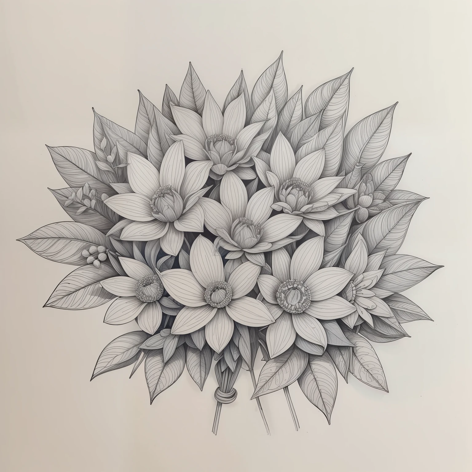 Coloring A bouquet made of leaves and flowers tied with ribbons..., Draw black and white lines. Draw a 3D line, pale, no background, Shadowless, 8K high-detail lines, 8K highly detailed lines, Highly detailed drawings, In Gouache detailed drawings, Gouache illustration. Matt, Highly detailed drawings, Realistic detailed drawings, Realistic detailed drawings, Made from leaves, Detailed gouache drawings, Figure 2 of gouache, Highly detailed drawings