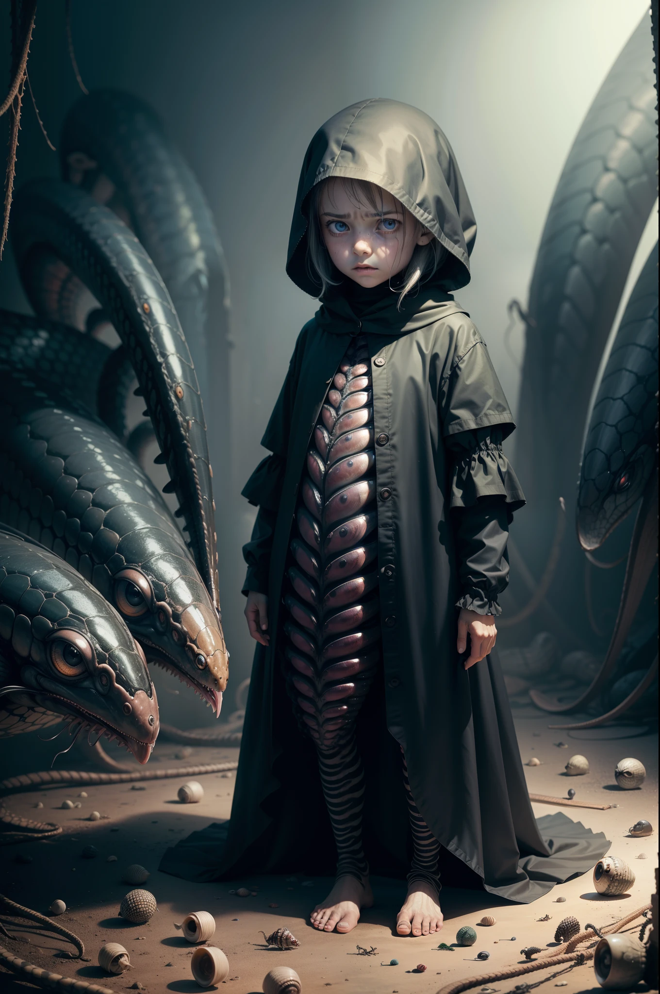Child with fear in the eyes, Behind His Shadow, See-Through Full-Body Image, Piles Of Dead Bodies, Shells Inside Body, Heads Resting On Table, numerous insects, Gigantic Insects, Swallowing, See-Through Skin, Eels Inside, Teeth, Surreal Image, Hyperdetailed, Photoreal, Contemporary Photography, Intricate, Futurism, Hyperrealism, Disfigured Limbs, Colorful, Gloomy, Cluttered, Digital Photography, Digital Image, Extreme Detail, , 4k, Ultra Hd, Full View On snakes, eels, eels inside the body, Hyperrealism, Surrealism, Surrealism, Realism, National Geographic Photo, Scary, Horror