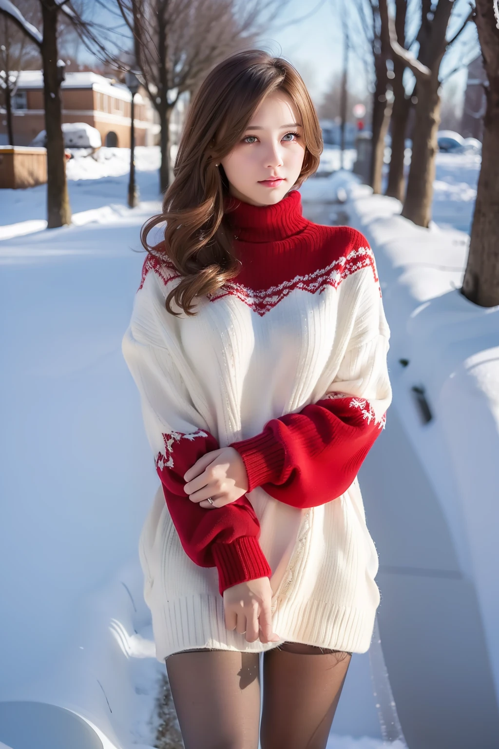 Winters，snow landscape，Beautiful teenage girl，lacepantyhose，Red，long sweater，围巾，depth of fields，Real light，Ray traching，OC renderer，UE5 renderer，Hyper-realistic，best qualtiy，8K，Works of masters，super-fine，Detailed pubic hair，Correct anatomy