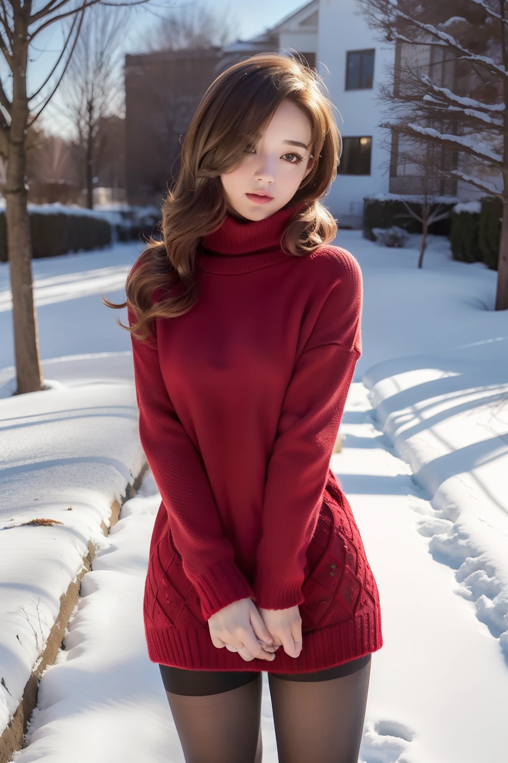 Winters，snow landscape，Beautiful teenage girl，lacepantyhose，Red，long sweater，围巾，depth of fields，Real light，Ray traching，OC renderer，UE5 renderer，Hyper-realistic，best qualtiy，8K，Works of masters，super-fine，Detailed pubic hair，Correct anatomy