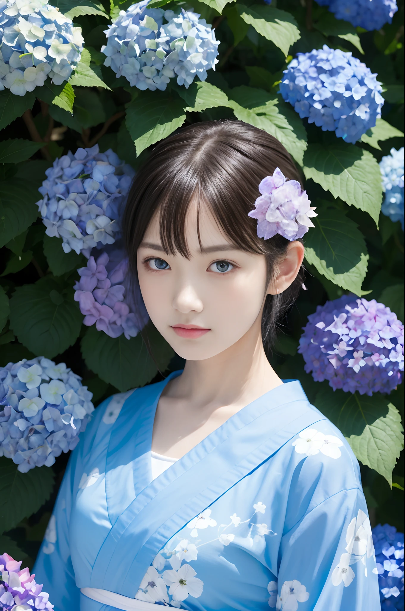 ((Masterpiece, Top Quality, Ultra Definition, High Definition)), Solo, Beautiful Girl, Shining Eyes, Perfect Eyes, Odd Eye, 16 years old, Blue theme, Yukata, Hydrangea