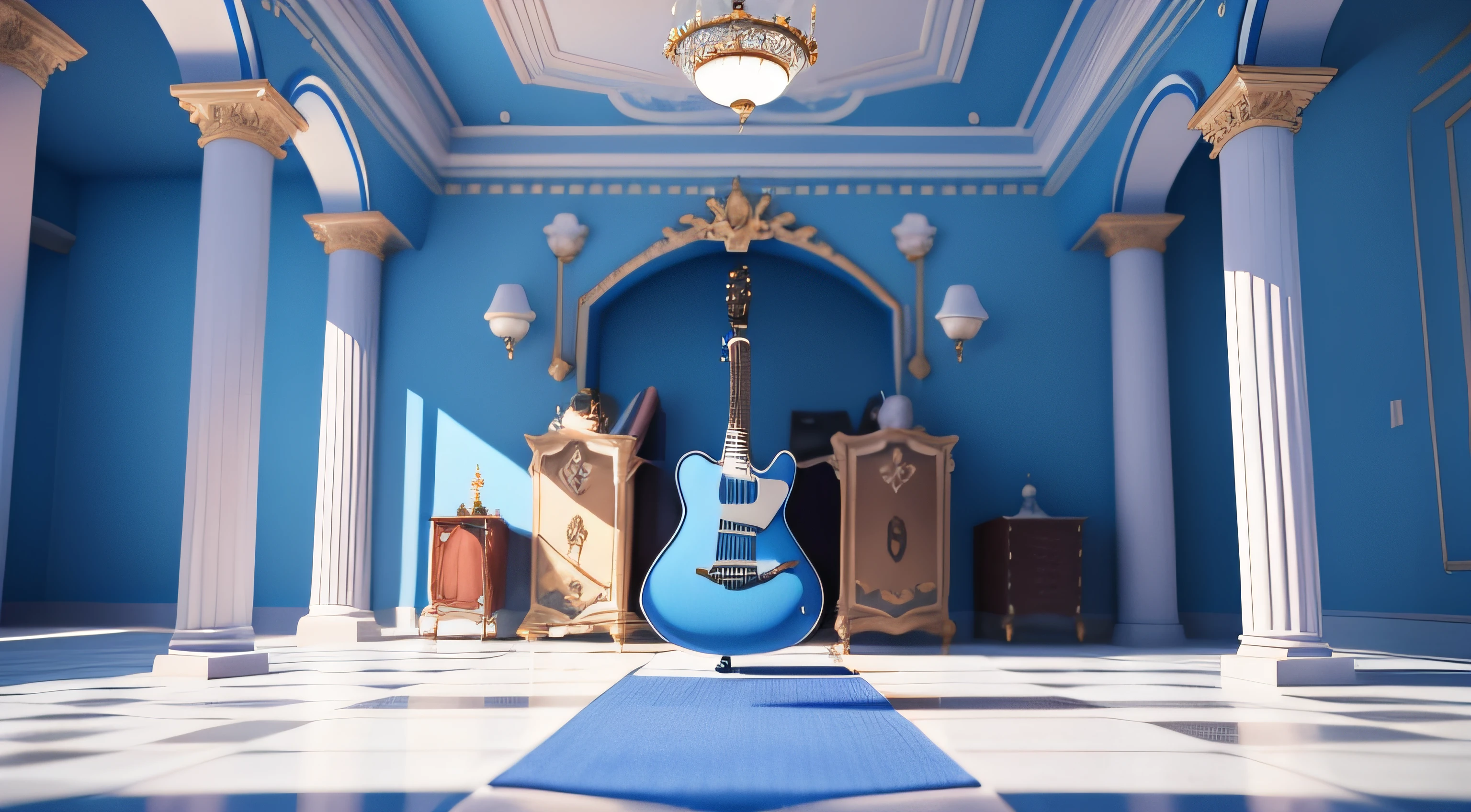 Alice in Wonderland style palace,There is a huge guitar in the middle,The floor is a checkerboard,Blue and white color scheme,OC renderer,High details, 8K