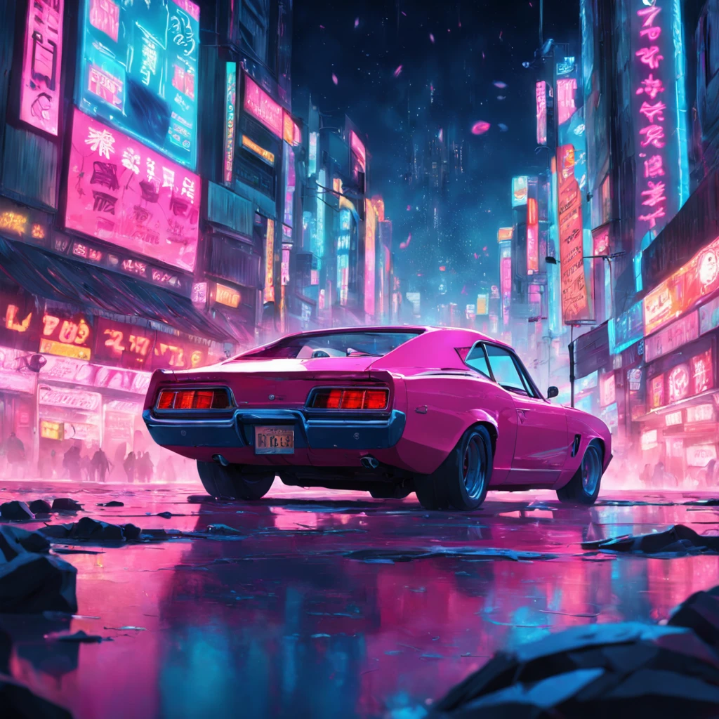 tmasterpiece, best qualityer, cinematic Film still from, A turning car, Neon color