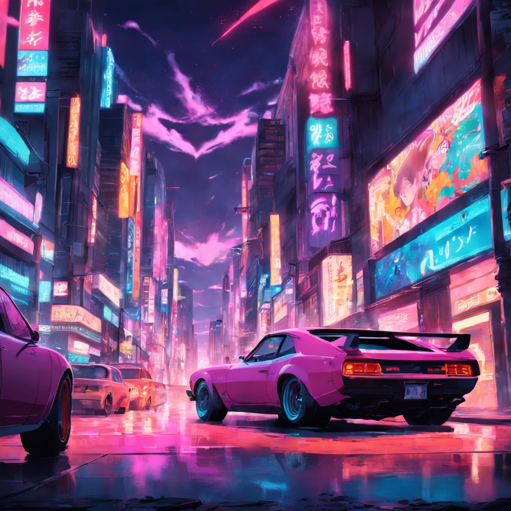 tmasterpiece, best qualityer, cinematic Film still from, A turning car, Neon color