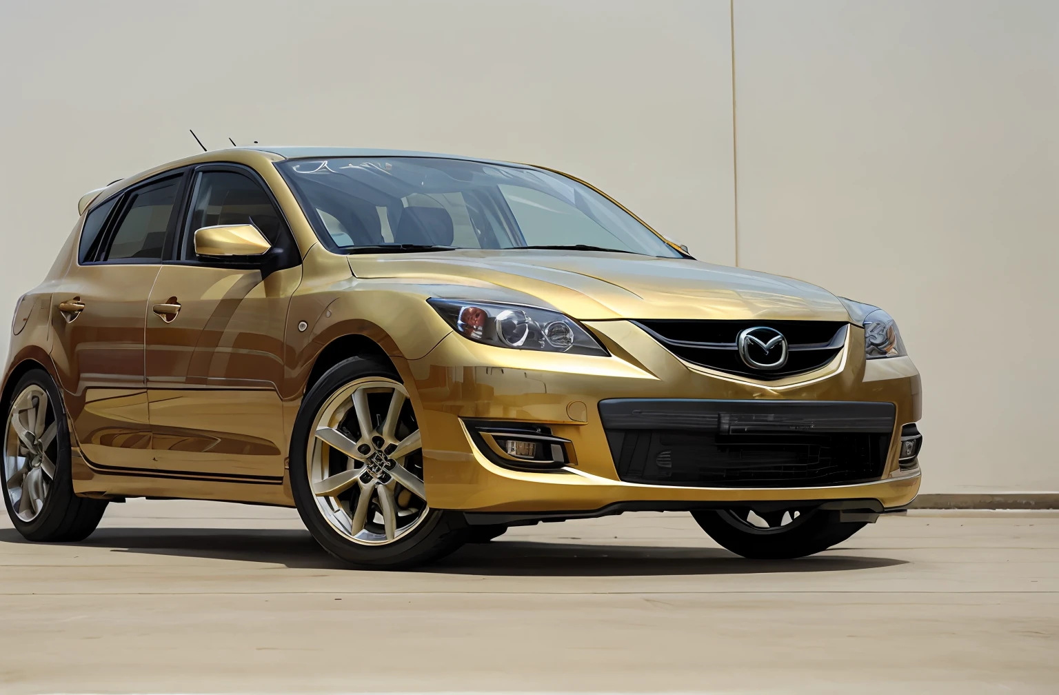Beautiful original HD photos, Gold paint, Mazda Speed 3 painted gold, Chrome BBS wheels, Beautiful high quality images, Front side view of the hatchback, Park in the futuristic garage, Wide-body kit aggressive front lip
Mzir