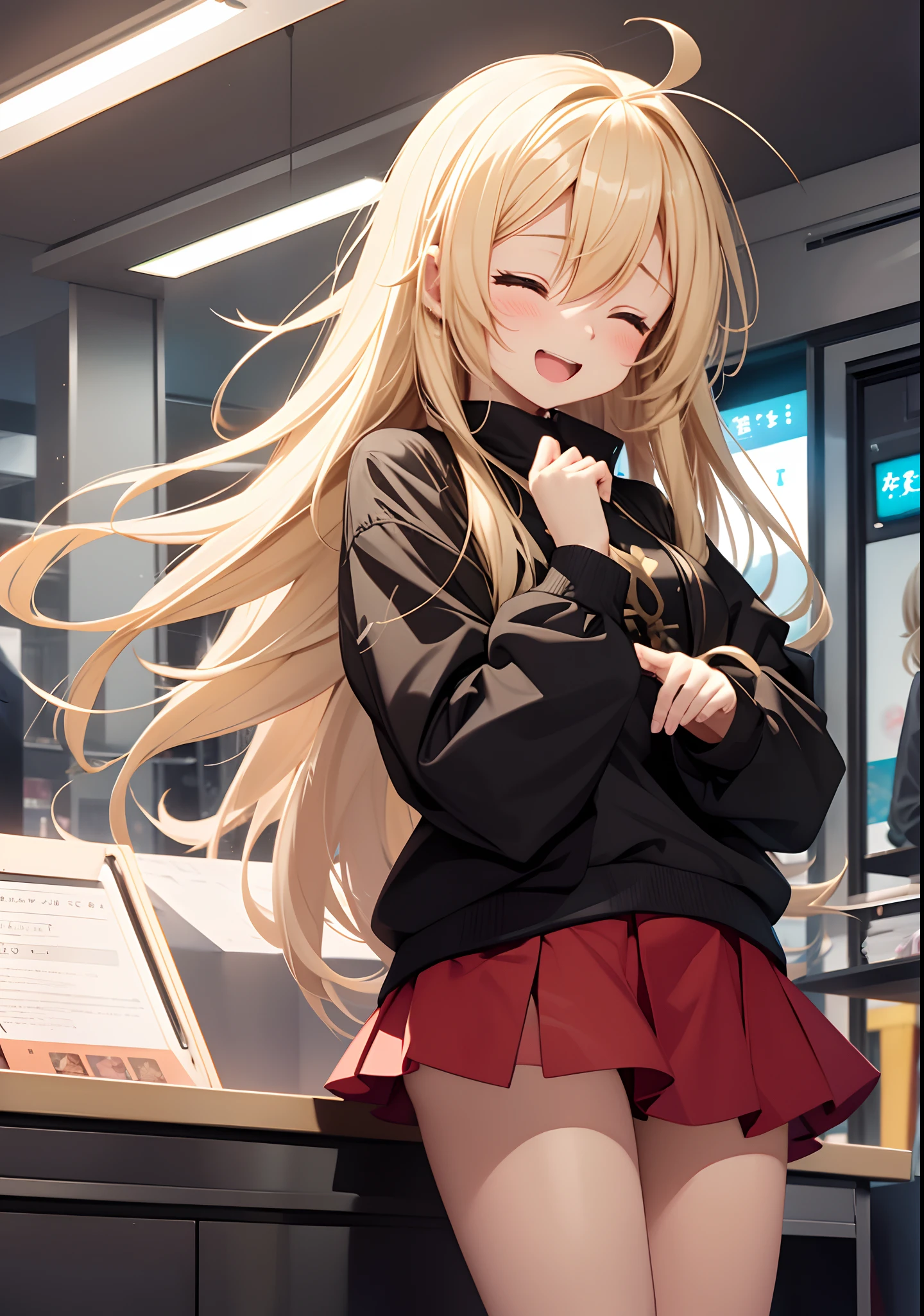 1girl in、(blonde hair, length hair, Two Ahoge)、a miniskirt、burst into laughter、The girl closed her eyes and shouted