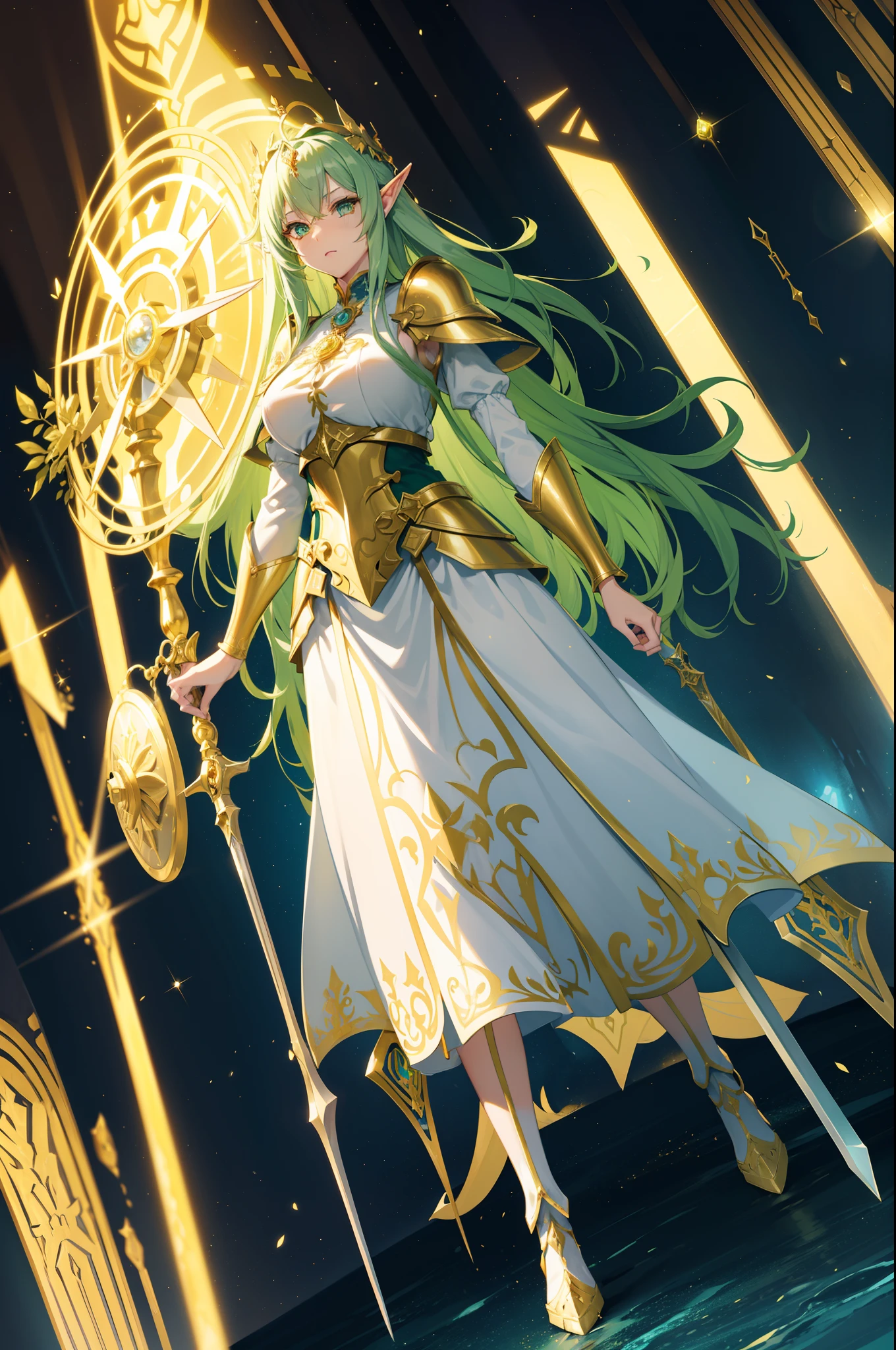 female elf royal knight, fairy crest, breast expose, golden and silver color armor with fairy icon and steel battle armor skirt, short design hand silver glove, golden color cape, golden belt, huge magic circle behind, pauldron in fairy style, silver color bracelet, ((right hand holding silver color huge board sword and left hand holding silver color huge shield)), multicolor golden and green color hair, empress aura, glowing green color pupil, 16k best anime wallpaper quality, masterpieces, solo, extreme pupil detail, fantasy mythic art, movie lighting, original character, heavy make up, holy glowing and windy effect, figure body shape, church background, standing still