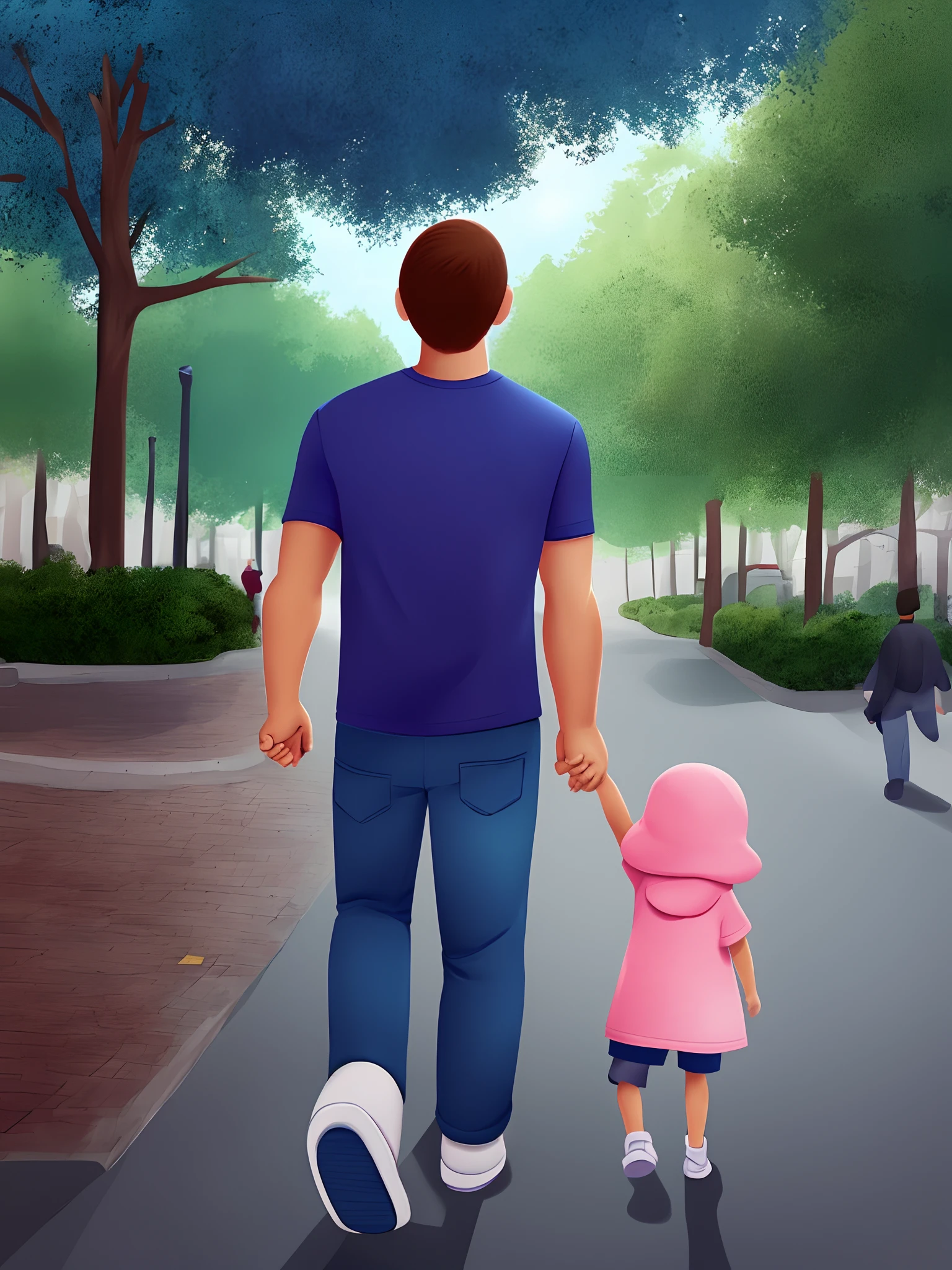 Cute cartoon character，There was a man and a *********** walking down the street, Hold hands, father, Daddy/fatherly, father with child, fatherly, proudly walking down the street, Daddy, take hand, steve zheng, walking at the park,Cute cartoon characters back，Digital painting 3D, Perfect lighting、denoised, Cute cartoon character, Digital cartoon art, Cute cartoon, lovely art style,