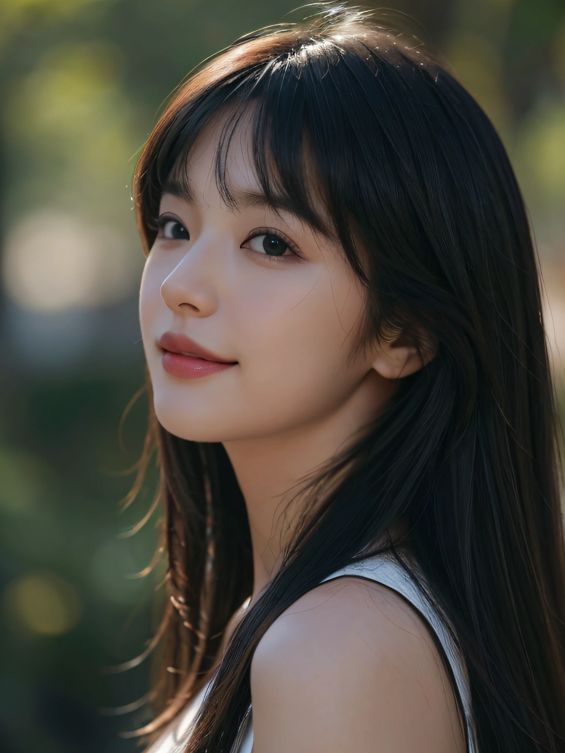 Masterpiece, best picture quality, high quality, beautiful woman, Japanese, popular Korean makeup, detailed, swollen eyes, detailed eyes, detailed skin, beautiful skin, ultra high resolution, (reality: 1.4),very beautiful, slightly younger face, beautiful skin, slender, (ultra realistic), (illustration), (high resolution), (8K), (very detailed) (best illustration), (beautifully detailed eyes), (super detailed), (wallpaper), (detailed face), looking at viewer, fine details, detailed face, pureerosfaceace_v1, smiling, looking straight ahead, looking straight ahead, angle from waist up, realistic photo, bright lighting, professional lighting, black hair (some of hair part green), long hair, dark ruins, big red moon, gorgeous red and black dress, mature woman, long stylish bangs,