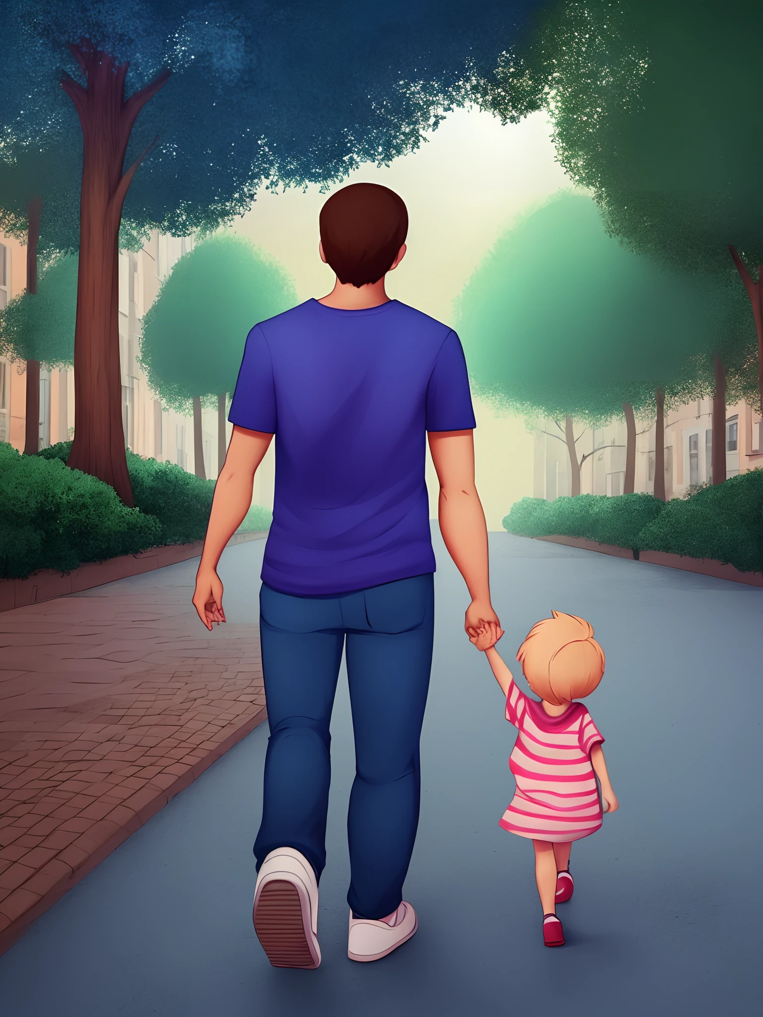 Cute cartoon character，There was a man and a  girl walking down the street, Hold hands, father, Daddy/fatherly, father with child,erly, proudly walking down the street, Daddy, take hand, steve zheng, walking at the park,Cute cartoon characters back，Digital painting 3D, Perfect lighting、denoised, Cute cartoon character, Digital cartoon art, Cute cartoon, lovely art style,