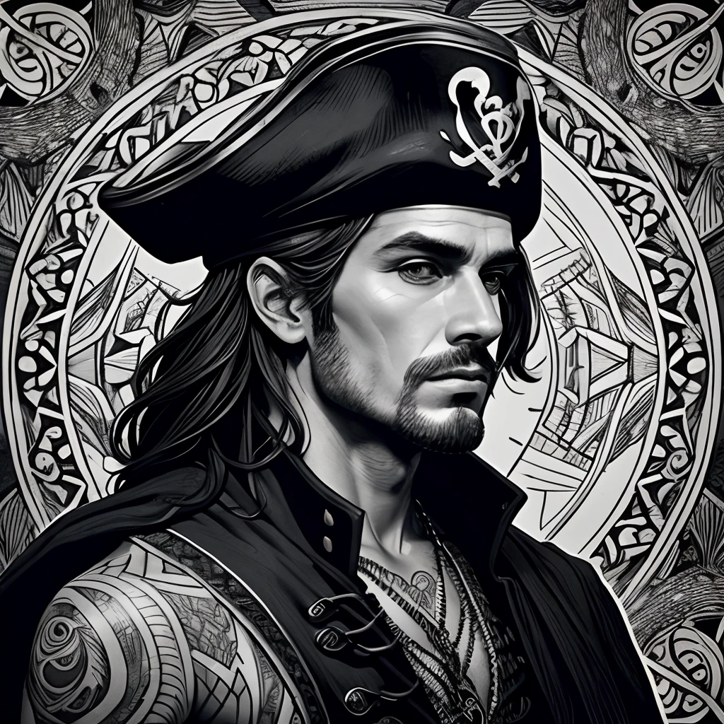 Centred potrait of a male Pirate, black and white, zentangle (best quality) ultra-detailed, fine line drawing, fine line art, coloring book illustration style, intricate linework, highly detailed illustration, perfect composition, beautiful and stunning, dynamic angle, high contrast, incredible shading, incredible detail, unique style, black and white details, (dark and mystical atmosphere), intricate and detailed nature elements.