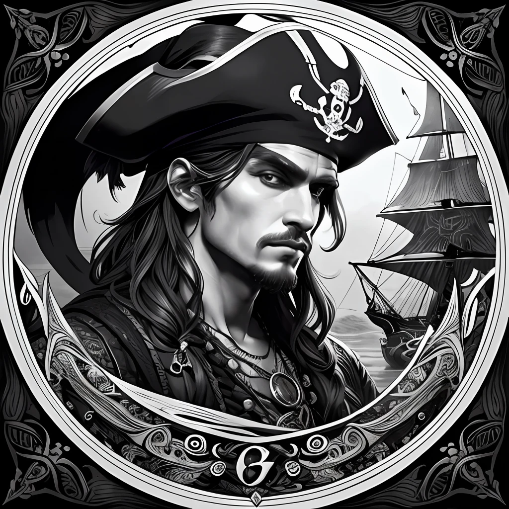 Centred potrait of a male Pirate, black and white, zentangle (best quality) ultra-detailed, fine line drawing, fine line art, coloring book illustration style, intricate linework, highly detailed illustration, perfect composition, beautiful and stunning, dynamic angle, high contrast, incredible shading, incredible detail, unique style, black and white details, (dark and mystical atmosphere), intricate and detailed nature elements.