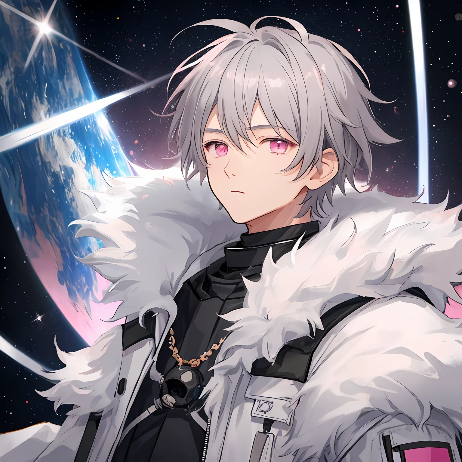 1 boy, gray hair, pink eyes, space, station, fur on clothes, reference