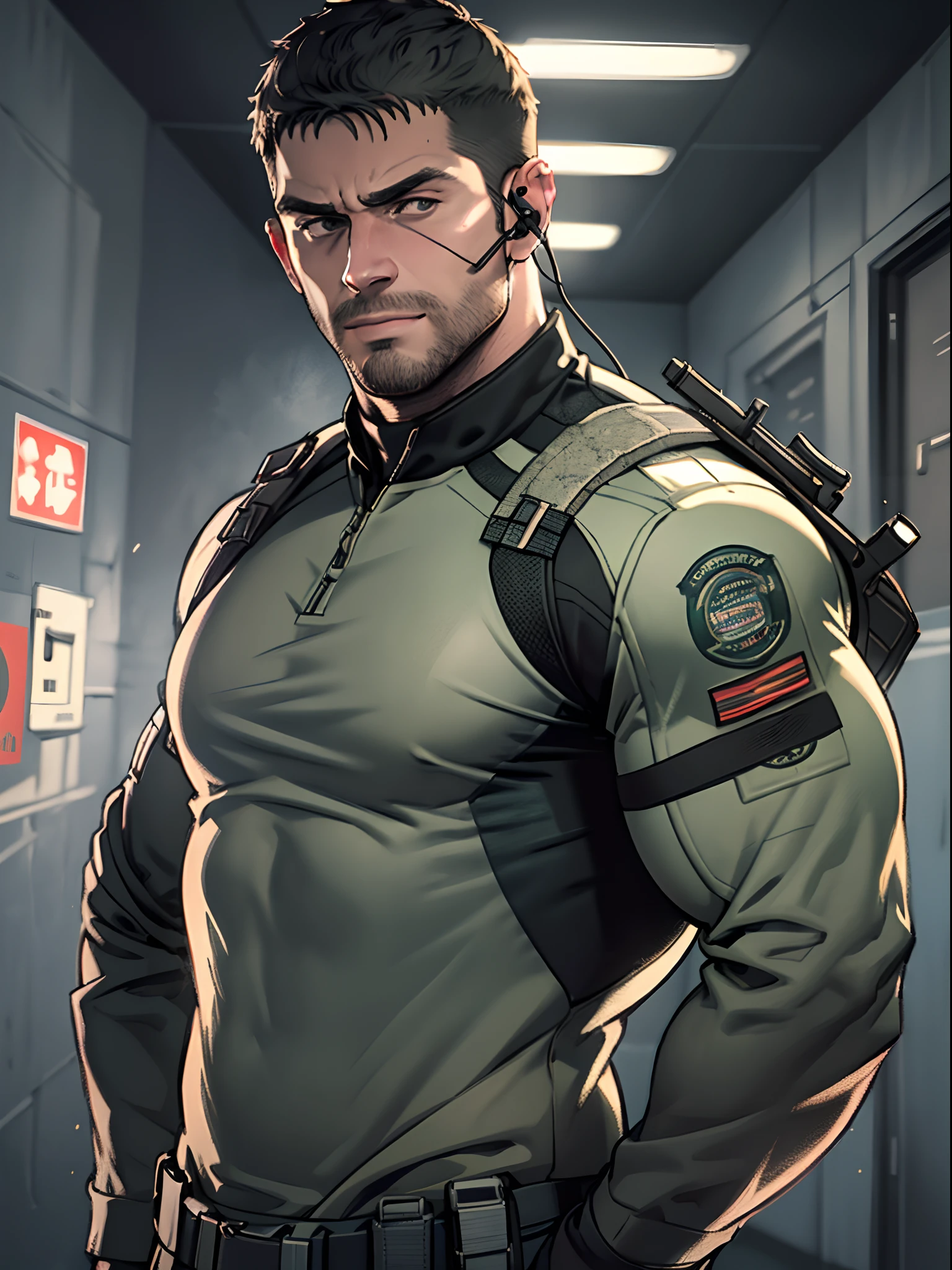 1 man, solo, 35 year old, Chris Redfield, wearing blue T shirt, smirks, white color on the shoulder and a bsaa logo on the shoulder, millitary tactical suit, tall and hunk, biceps, abs, chest, best quality, masterpiece, high resolution:1.2, upper body shot, dark black gloomy hallway in the background, detailed face, shadow, volumetric lighting, center focus, low camera angle