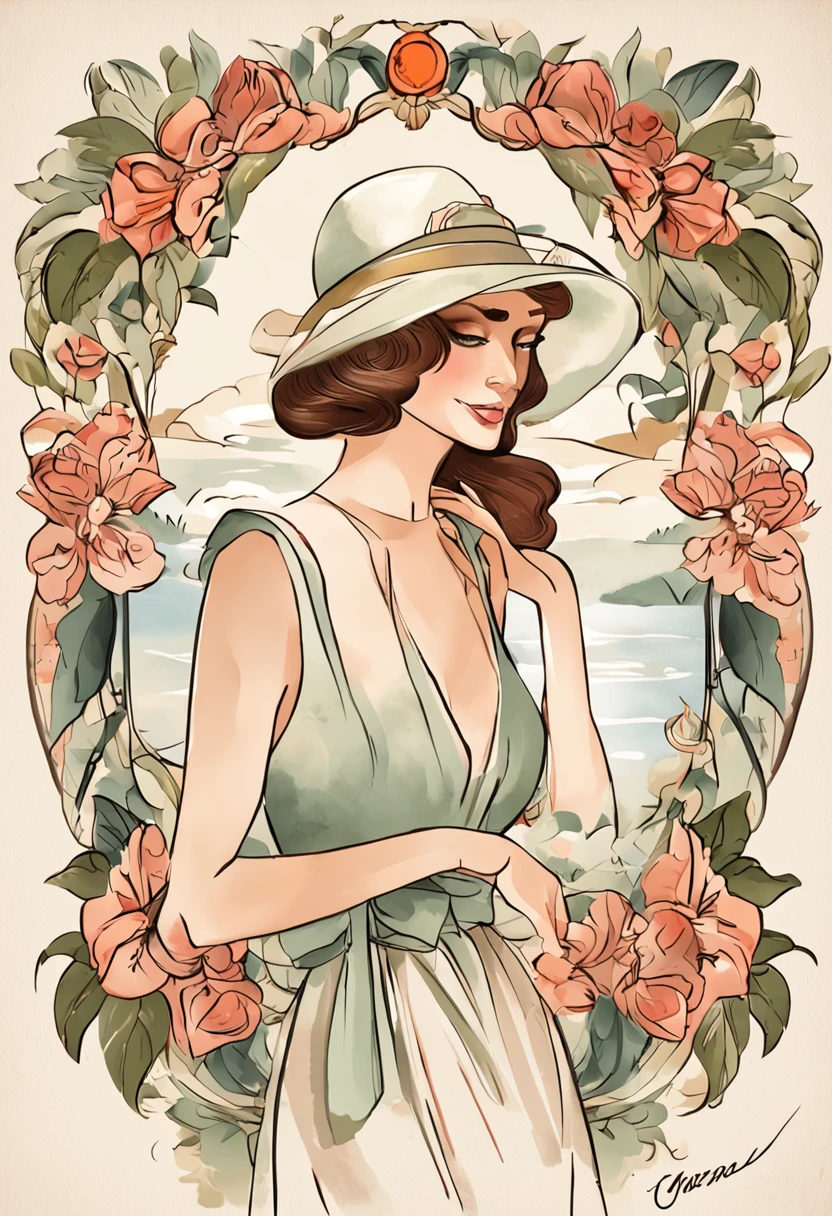 Parisian illustration from the 1920s with an air of elegance and charm. Ela tem curta, "para o menino" Estilo de cabelo, provavelmente marrom escuro ou loiro. Your face is enhanced by subtle makeup, with lips painted in a soft tone and eyes emphasized by eyeliner. She wears a flowing, Desafio vestido cortado, possivelmente adornado com franja ou detalhes de renda, representing the Art Deco fashions of the time. A long pearl necklace and a cloche hat adorn her look, complementando sua aura sofisticada. His gaze is curious and contemplative, reflecting their participation in the cultural and artistic discussions that simmer in Parisian cafes and salons. She is standing in a garden ,Digital illustration style, Cartoon style illustration, Belo estilo de arte, Trends in Artstration, Beautiful digital illustration, bela arte digital, estilo de arte dos desenhos animados, arte digital detalhada bonito, exquisite digital illustration, Estilo de desenho bonito, Amazing Art Style, estilo de arte vetorial, Digital anime illustration, 2d illustration