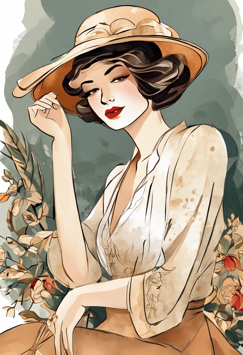 Parisian illustration from the 1920s with an air of elegance and charm. Ela tem curta, "para o menino" Estilo de cabelo, provavelmente marrom escuro ou loiro. Your face is enhanced by subtle makeup, with lips painted in a soft tone and eyes emphasized by eyeliner. She wears a flowing, Desafio vestido cortado, possivelmente adornado com franja ou detalhes de renda, representing the Art Deco fashions of the time. A long pearl necklace and a cloche hat adorn her look, complementando sua aura sofisticada. His gaze is curious and contemplative, reflecting their participation in the cultural and artistic discussions that simmer in Parisian cafes and salons. She is standing in a garden ,Digital illustration style, Cartoon style illustration, Belo estilo de arte, Trends in Artstration, Beautiful digital illustration, bela arte digital, estilo de arte dos desenhos animados, arte digital detalhada bonito, exquisite digital illustration, Estilo de desenho bonito, Amazing Art Style, estilo de arte vetorial, Digital anime illustration, 2d illustration