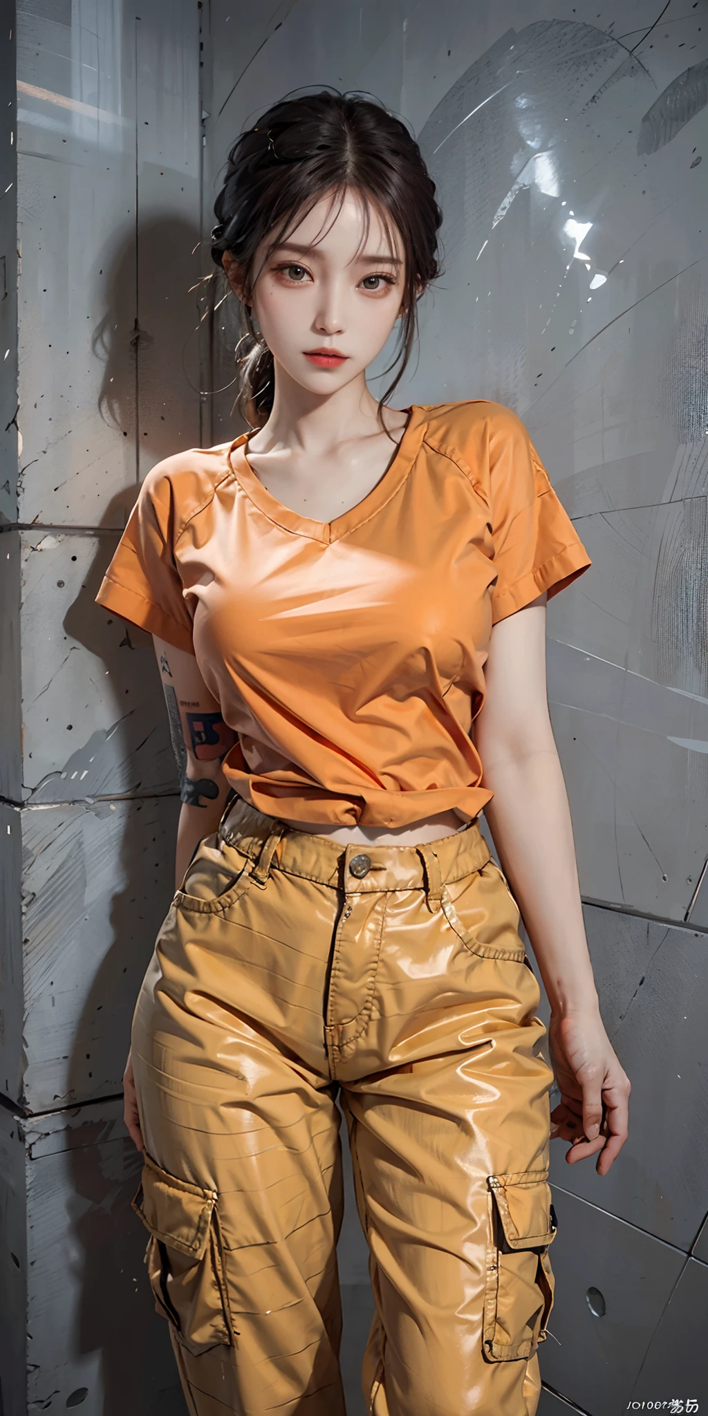 photorealistic, high resolution, soft light,1women, solo, hips up, shining skin, (detailed face), prison uniform, shirt, pants, orange uniform, tattoo