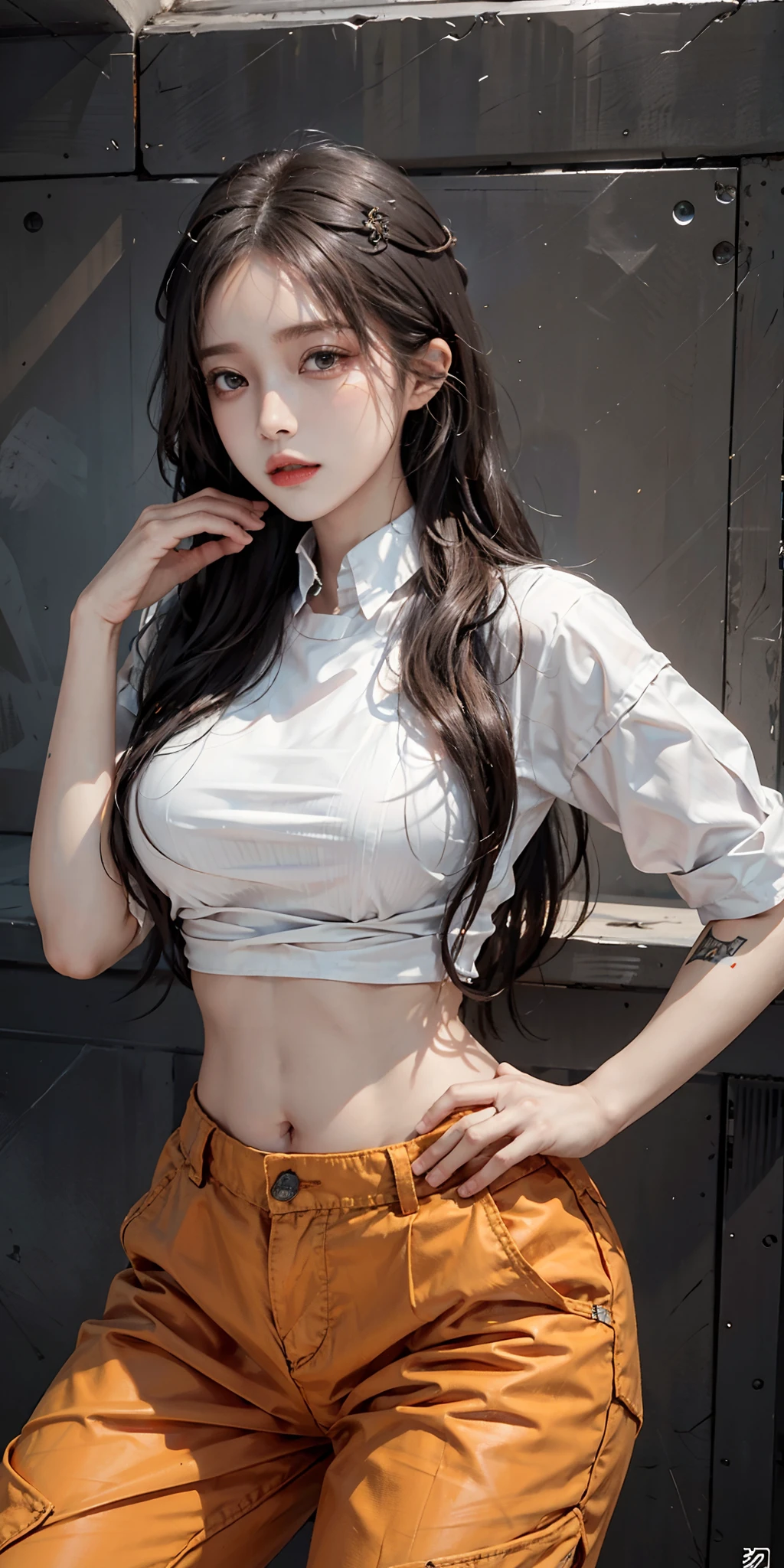 photorealistic, high resolution, soft light,1women, solo, hips up, shining skin, (detailed face), prison uniform, shirt, pants, orange uniform, tattoo