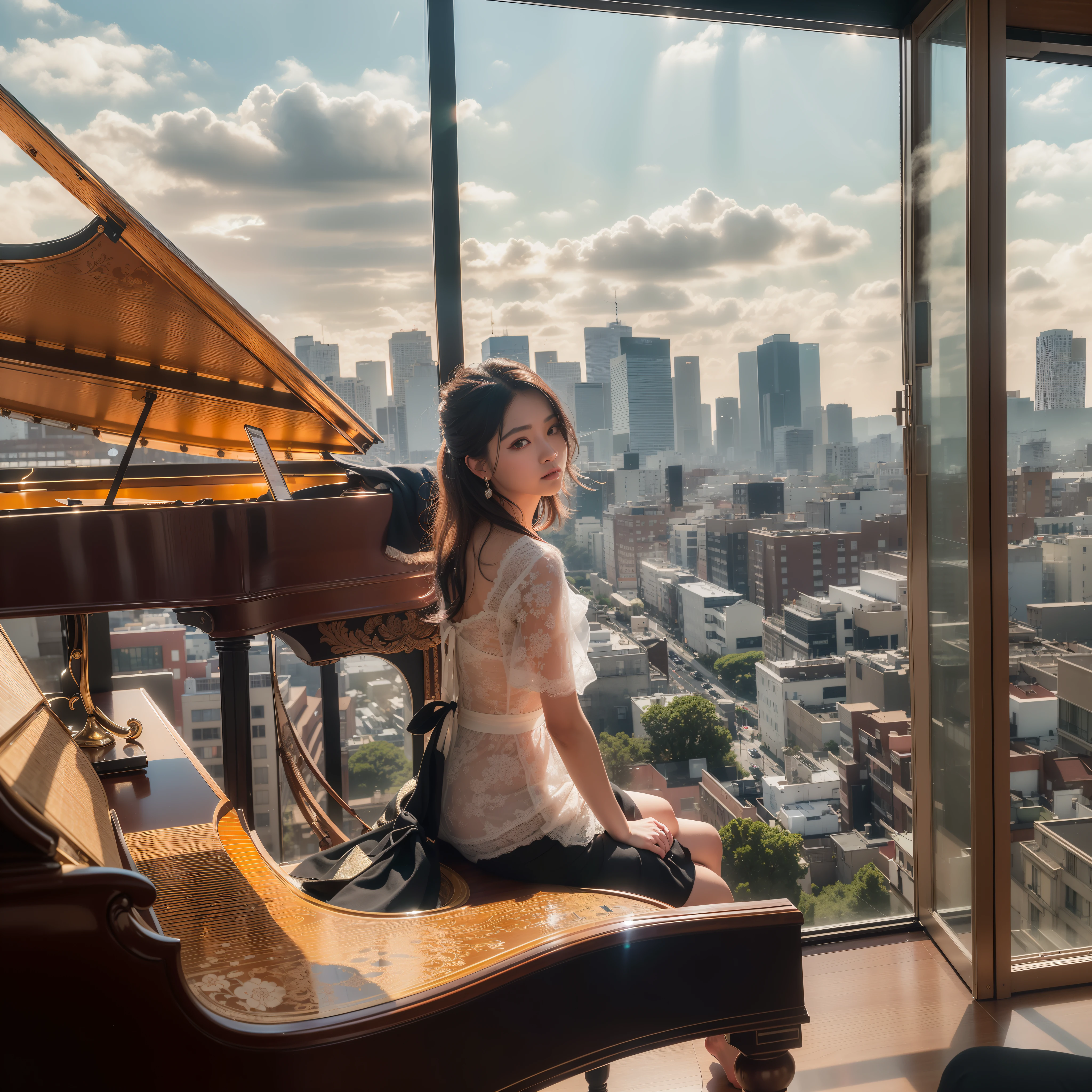 There is a woman sitting in front of a piano in front of a window, set in tokyo rooftop, Cinematic afternoon light, Stand on the Piano、(credibly_absurderes,Huge_filesize:1.37),(​masterpiece:1.37),(top-quality:1.37),(realisitic,Photorealsitic:1.2),Ray traching,Realistic lighting,(illuminations,Glow),((film grains:1.37)),(Exquisite details and textures:1.2),(8K分辨率:1.2),(ultra -detail:1.2),(Sharp Focus 1.2),(Raw photography:1.0),(ulzzang -6500-v1.1:1.2),(Beautiful Detail Face、A dark-haired、((((perfect anatomia))))、viewer、1girl in、独奏、、(Detailed natural skin、detailed skin textures、Detailed black hair、Well-formed hairstyle)、Facial light、(ciinematic light)、lensflare、Back lighting