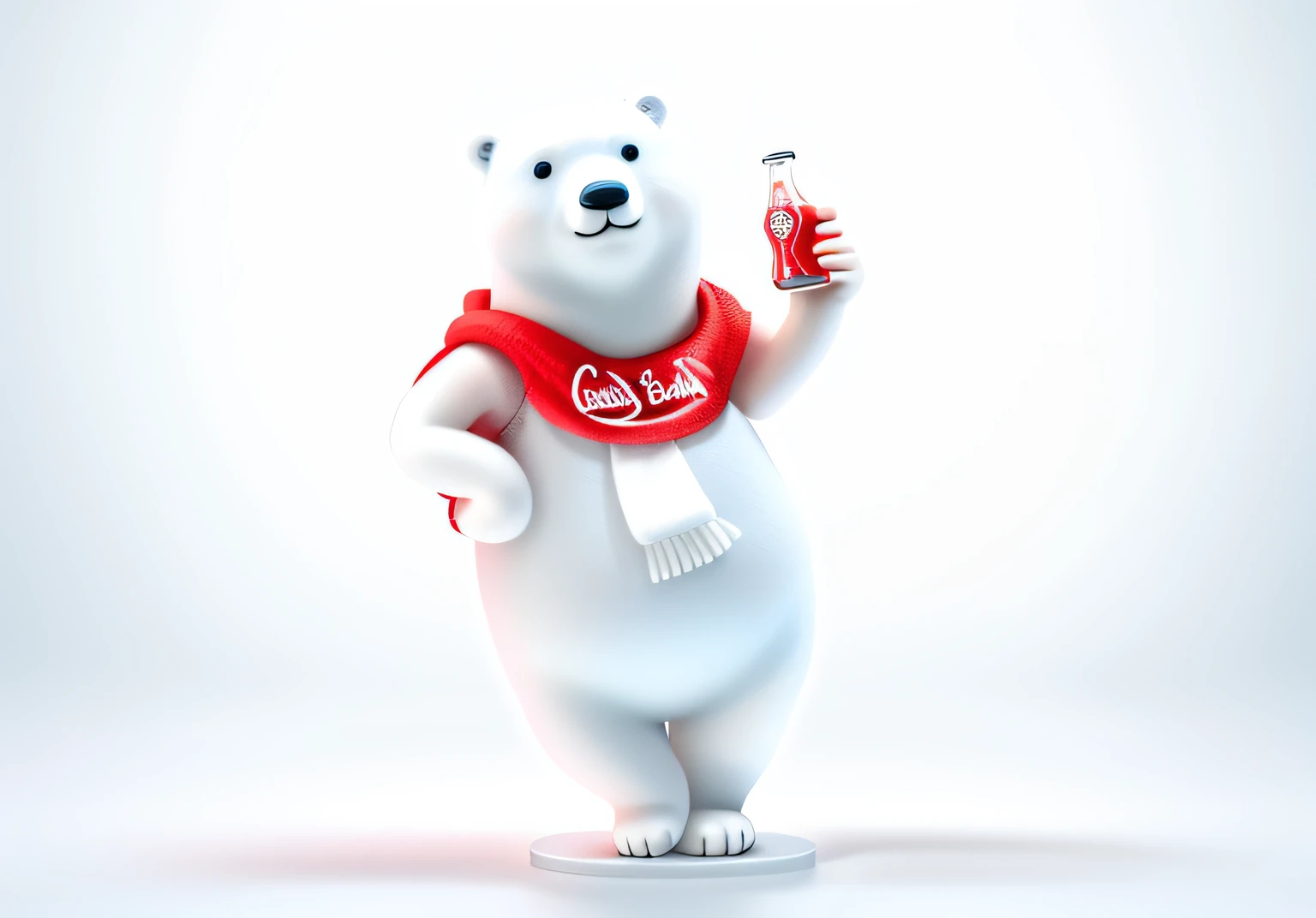 Polar bear character in blind box style，adolable、full bodyesbian。Coca-Cola glass bottle in hand，Bend and lean with your right hand，The right leg is bent。clean backdrop，natural soft light，8K，best qualtiy，hyper-detailing，3D，C4D，Blender，OC renderer，hyper HD，3Drenderingof。