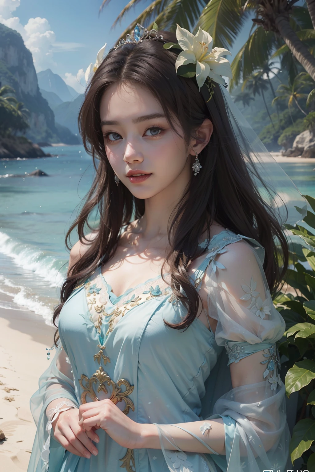 ((top-quality、tmasterpiece、photographrealistic:1.4、8K))、Beautuful Women、brown haired girls、Delicate and beautiful face、Princess of Asian countries、(Summer sheer luxury dress)、(The princess frolicks on a beautiful tropical beach)、laughing joyfully、、luxury accessories、Beautiful sea and sky、Rosa、Beautiful lighting、Textured skin、Super detail、high detal、High quality、A high resolution、Tropical plants,White princess dress