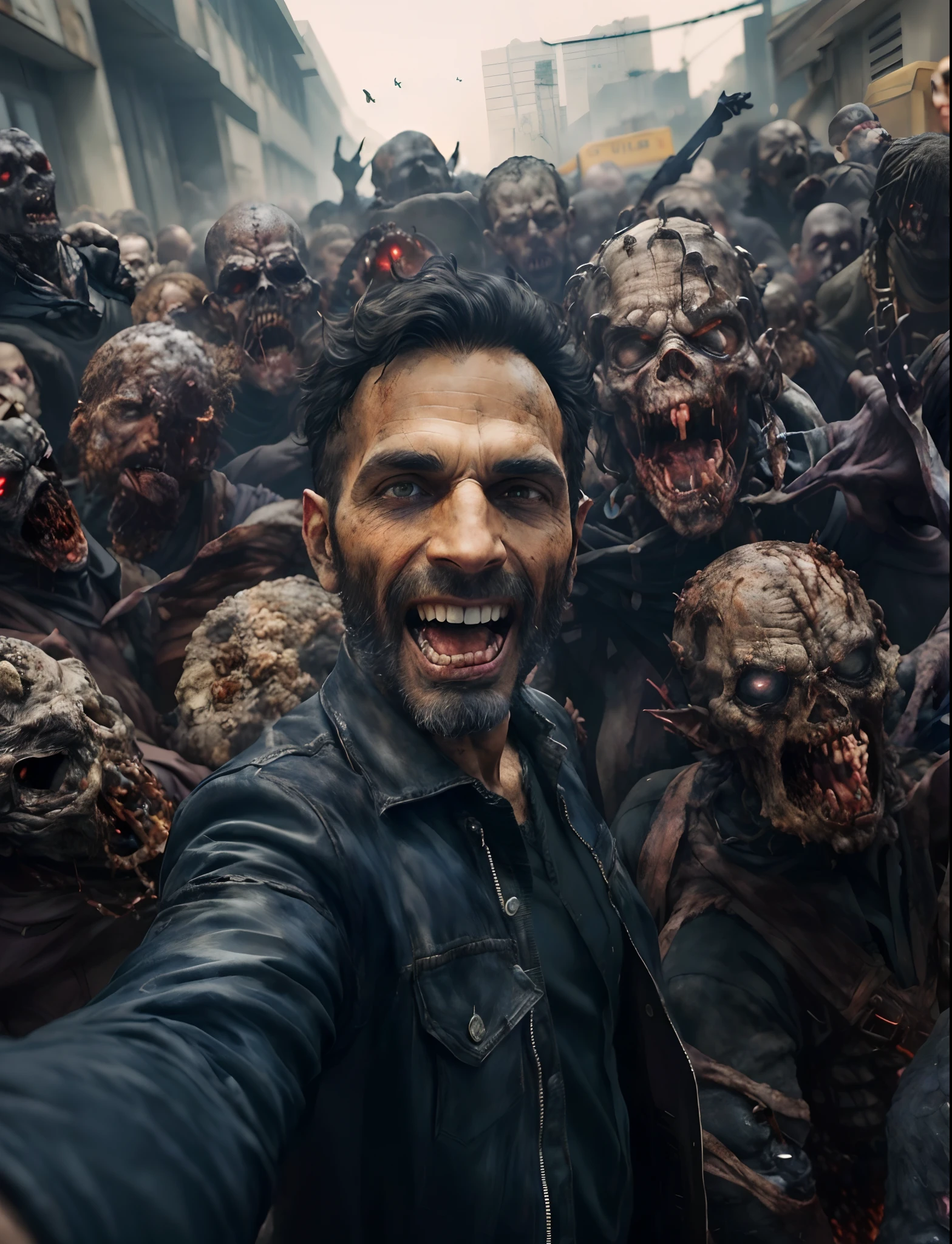 arafed man taking a selfie in front of a large pile of dead zombies, ( apocalyptic ) 8 k, towering giant made of zombies, epic portrait of menacing, man mutating to zombie, real hellscape in background, 8k selfie photograph, scary creatures in background, the last selfie ever taken, scary pose, apocalyptic 8k, apocalyptic 8 k, funny jokr man