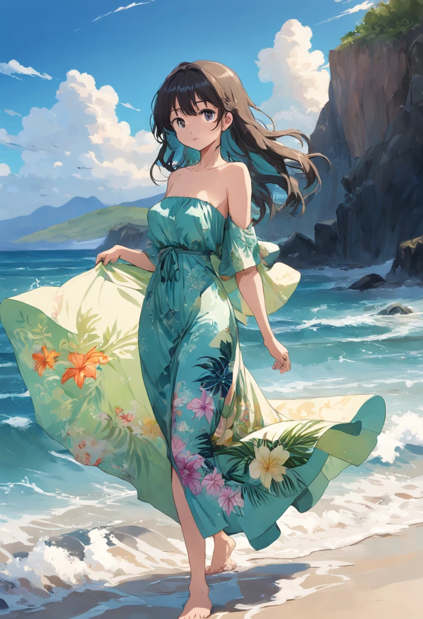 there is a woman walking in the water on the beach, wearing a hawaiian dress, elegant tropical prints, photoshoot, at a tropical beach, tropical style, on the ocean water, posing on a beach with the ocean, wearing in a summer dress, sundress, tube-top dress, wearing floral chiton, in the beach, wearing sundress, on the ocean