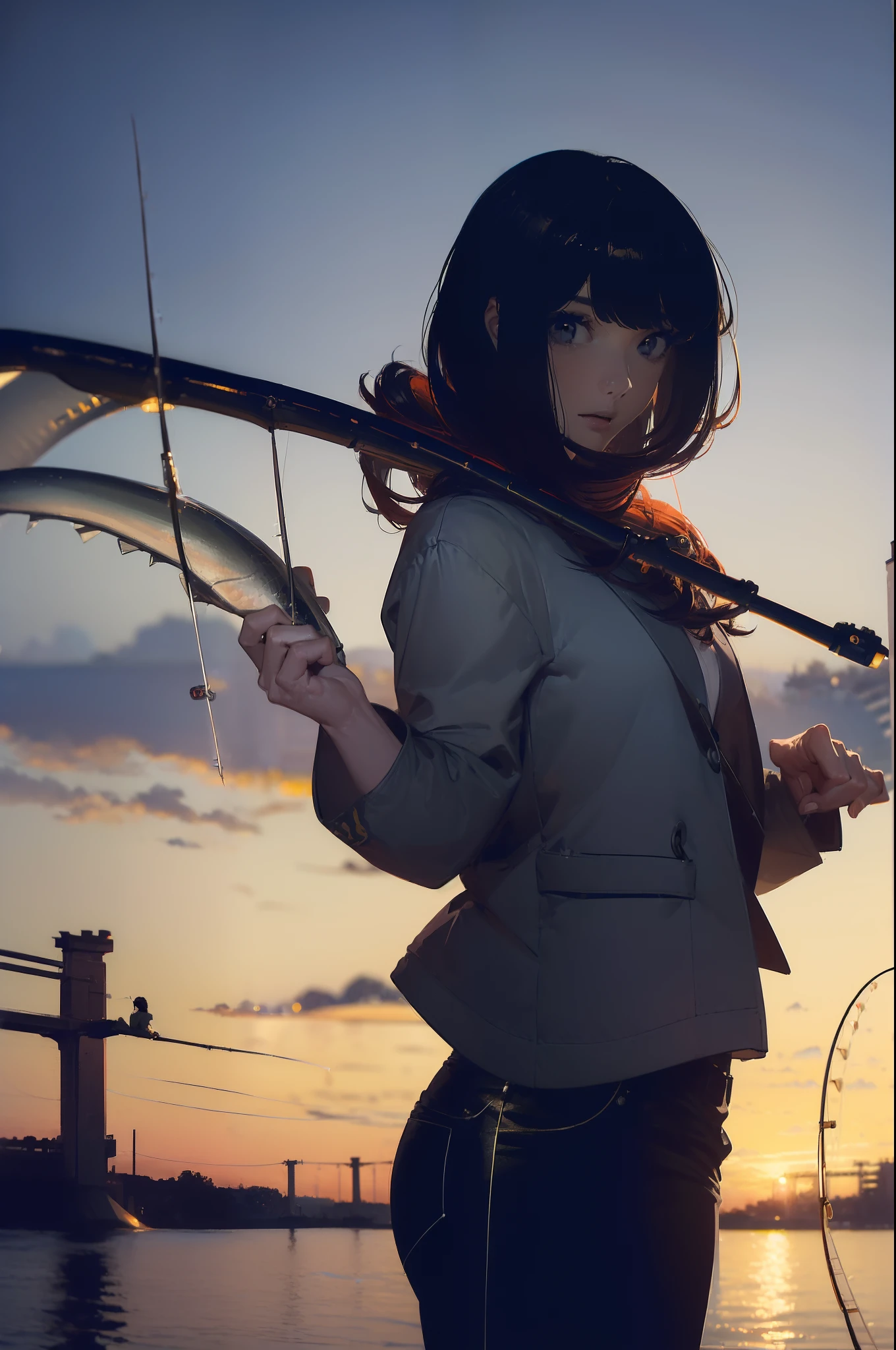 ((((having a fishing rod with a reel by the lakeside:1.5)))),((Female 28 years old)),((Best Quality:1.5)),(((Hands with the correct number and structure of fingers:1.4))),((Big fish:1.37)),hight resolution,ultra-detailliert,masterpiece,best qualtiy,(Eight-headed body),Black hair, long eyes-lashes, Solid Circle Eyes, drop shadow, Atmospheric perspective,Super Detail, ccurate, small brest,(Black jacket and black jeans :1.1),top-quality, blurry backround, bokeh dof:1.2, (masterpiece:1.3), Atmospheric perspective,Super Detail,dynamic compositions,