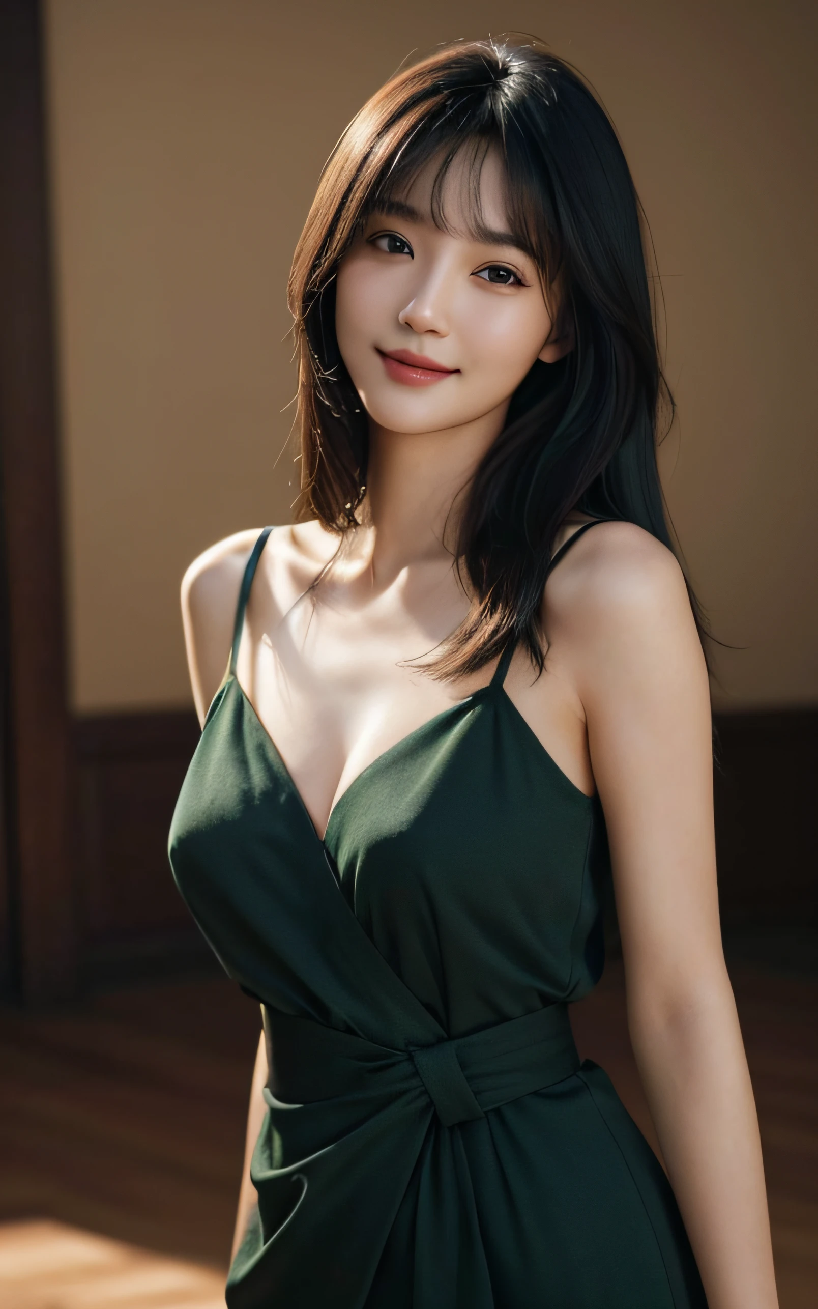 Highest quality, Masterpiece, Ultra high resolution, (realistic: 1.4), raw photos, 1 beautiful woman, Wear a green off-the-shoulder dress, darkness, deep shadow, low voice, cool light, (grab the chest: 1.2), Cry until you can&#39;t stand it.