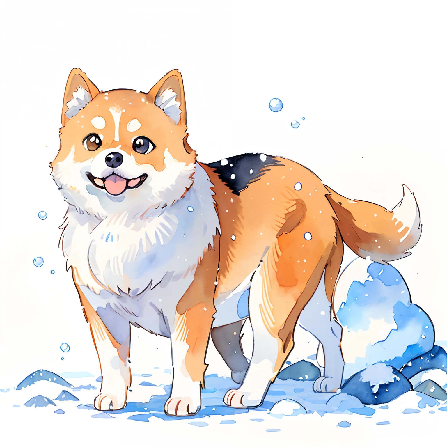 Shiba dog:1.5、cute little、big eye、snow-white fur、fluffly、simple background、white backgrounid、watercolor paiting