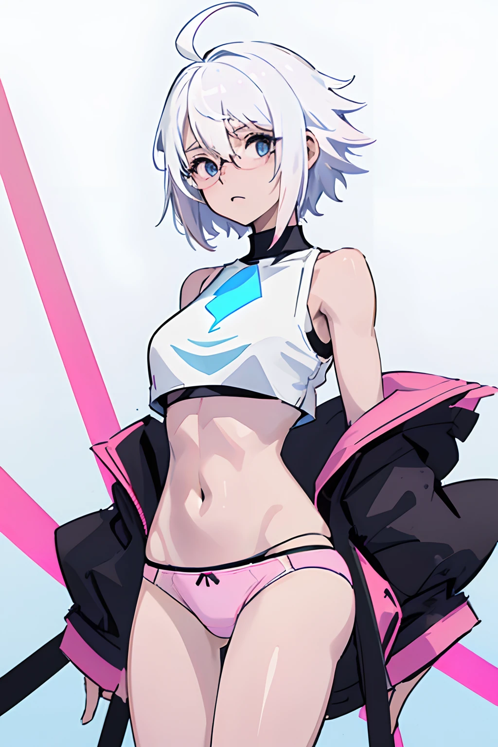 ((masterpiece, best quality)), (1girl), (solo), (female focus), (ahoge, white hair, short hair, glasses), black eyes, ((light blue crop top)), ((pink panties)), standing, white background, arms behind back
