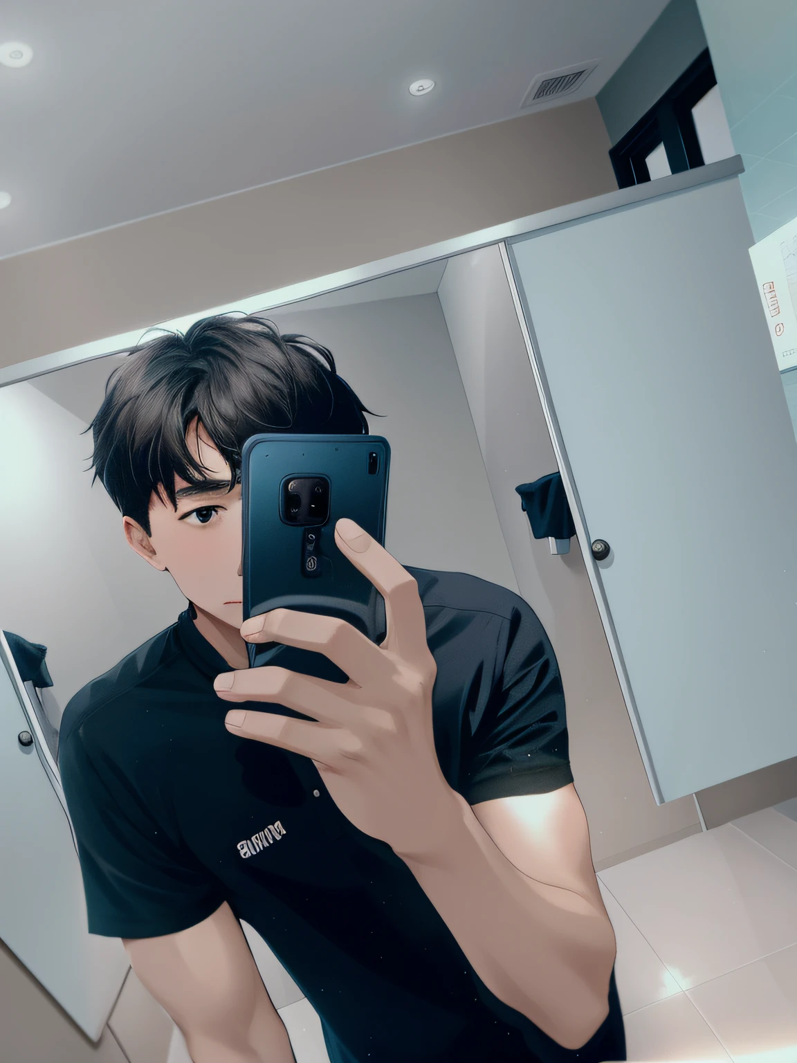 there is a boy taking a selfie in front of the bathroom mirror, 8k selfie, taken with a samsung phone, from 8k matte, standing in front of the mirror, in the bathroom, very precise photo, mirror Selfie