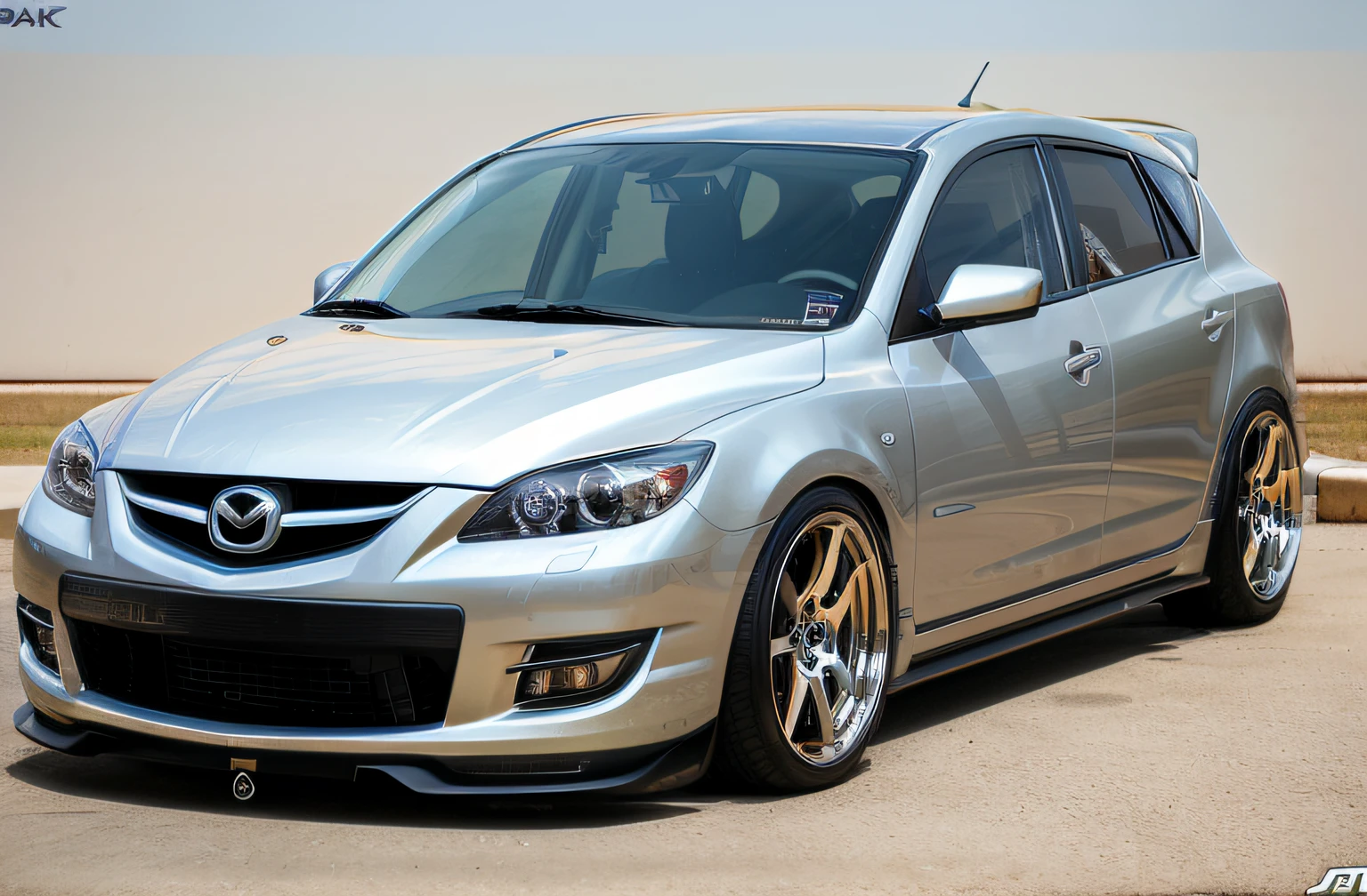 Beautiful original HD photos, White lacquer, Mazda Speed 3 painted gold, Chrome BBS wheels, Beautiful high quality images, Front view of the hatchback, Park your car in the futuristic garage, Wide body kit aggressive front lip
 Mziel