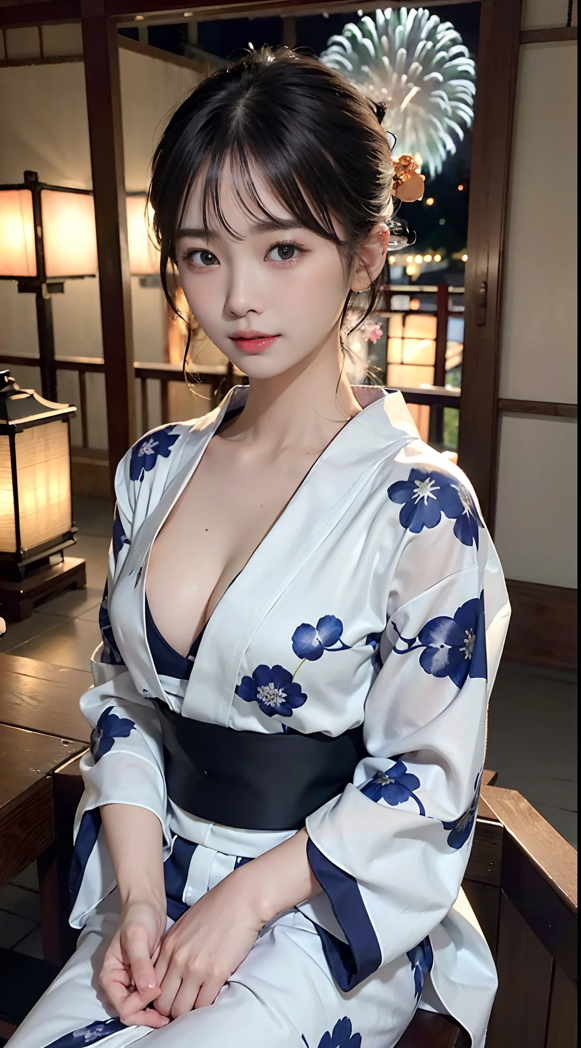 (8K、Raw photography、top-quality、masterpiece:1.2)、(reallistic、Photorealsitic:1.37)、The ultra -The high-definition、1 girl in、cute little、独奏、natta、Sitting、date、(Nasal redness)、(A smile:1.1)、(Closed)、Colossal tits、beautidful eyes、(short-hair:1.2)、(((Fireworks in the sky、natta)))、(((Kimono、Yukata)))、cleavage on the chest、perfect bodies、Perfect fingers、profetional lighting、goddess of Japan、gravure、Detailed face and skin texture、A detailed eye、Raw photo