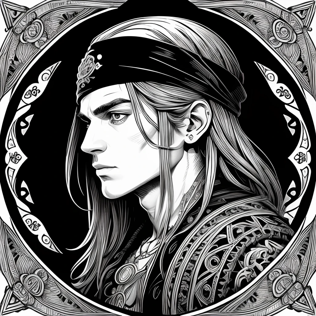 Centred potrait of a male Pirate, black and white, zentangle (best quality) ultra-detailed, fine line drawing, fine line art, coloring book illustration style, intricate linework, highly detailed illustration, perfect composition, beautiful and stunning, dynamic angle, high contrast, incredible shading, incredible detail, unique style, black and white details, (dark and mystical atmosphere), intricate and detailed nature elements.
