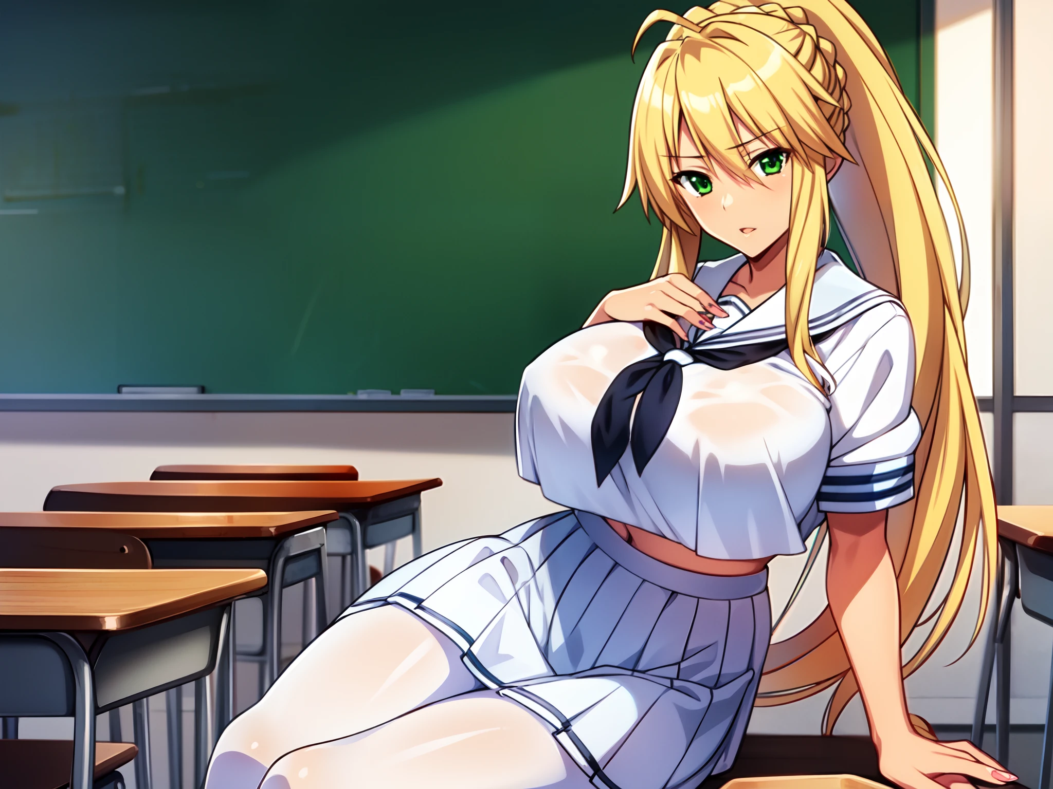masterpiece, high quality, extremely detailed, 1girl, milf, solo, artoria ruler, , parted lips, fingernails, tan, blonde hair, very long hair, ponytail, green eyes, seifuku, white medium skirt, white pantyhose, shy, sitting, classroom, morning, anime.
