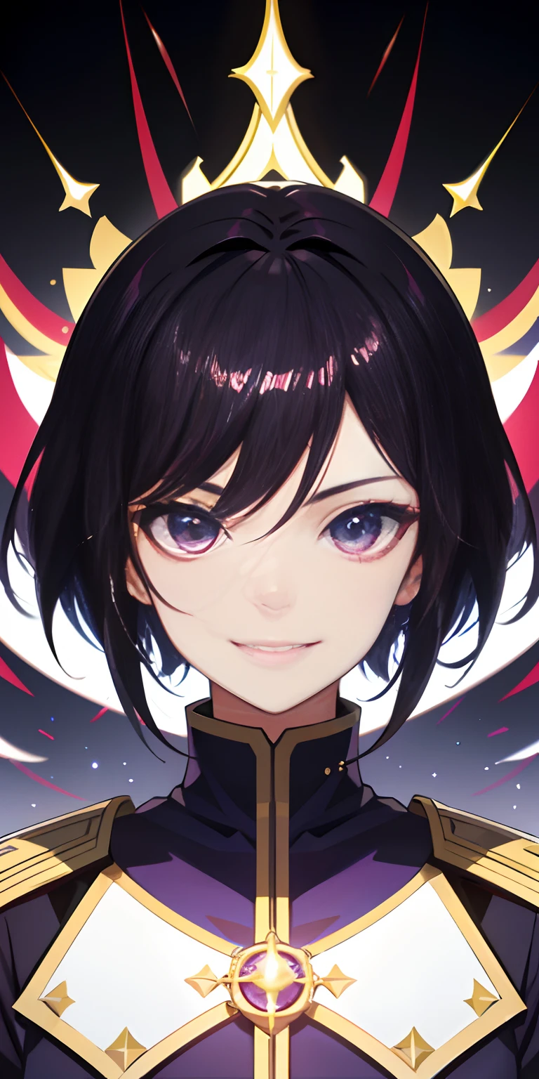 tmasterpiece,Top image quality,hyper-high detail,highest details,Fine face,Cinematic light and shadow,Super fine,one-girl,Purple uniform,red color eyes,with short black hair,Blue sky background,grinning smile