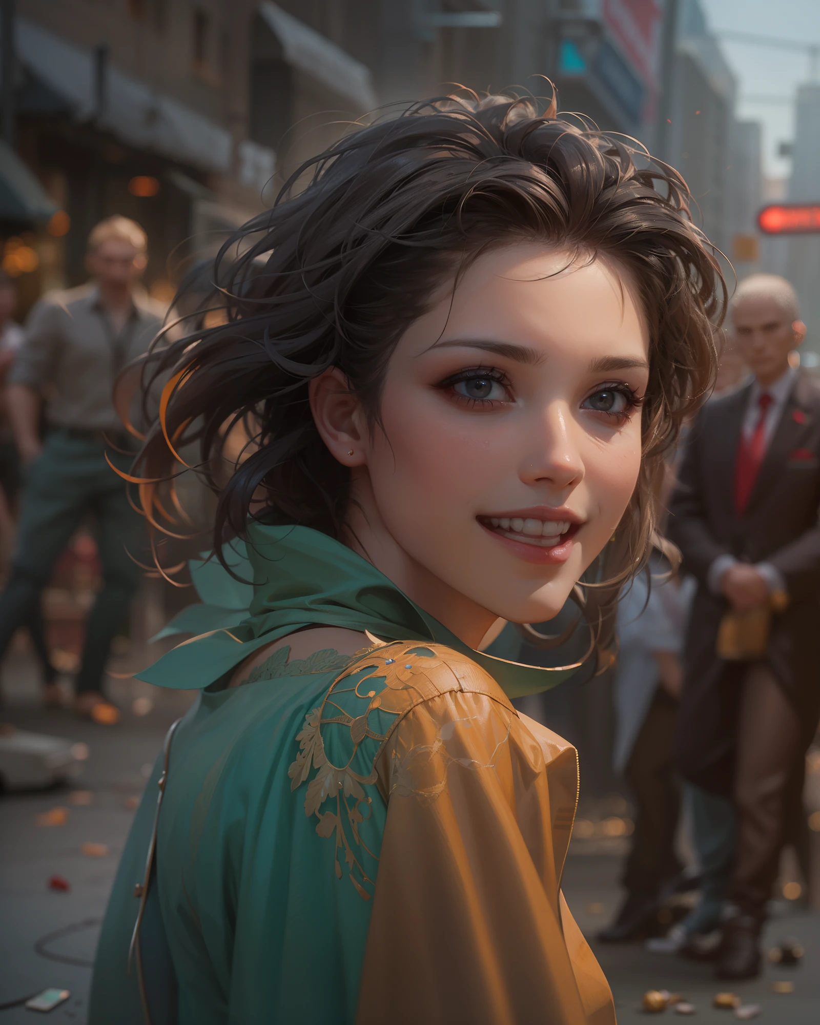 Happy mood, by Michael Whelan, by Pino Daeni, by Nicolas-Antoine Taunay, A beautiful skincare model, amidst the chaos of a world war between vampires and zombies, maintain her flawless glowing skin. Depict them casually sharing beauty tips on camera while surrounded by battling vampires and zombies, capturing the absurd yet stylish intersection of beauty and the supernatural, detailed face features, sharp eyes, soft skin, high definition, ultra realistic, crisp quality, painstaking attention to detail, sharp, organic, cinematic, dynamic, delicate detail, masterpiece, Neon lights, focused, fascinating, trendy, majestic, splendid, classy, lovely, perfect face, very refined, glorious, astonishing, appealing, delicate, breathtaking, charming