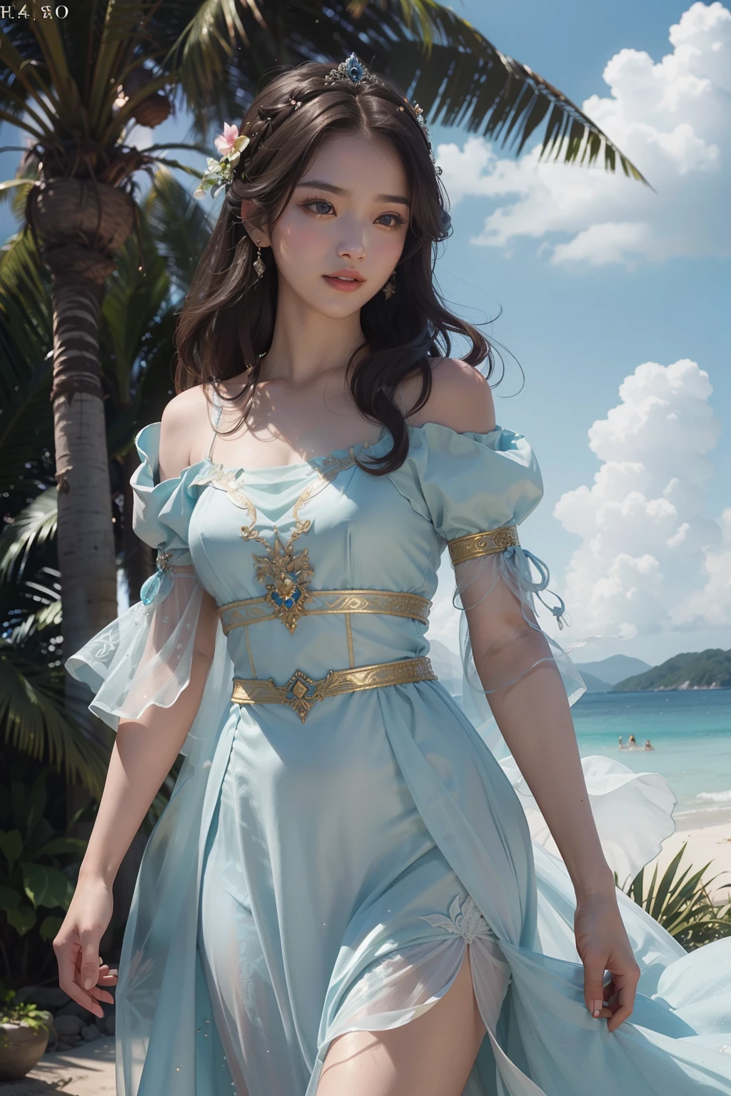 ((top-quality、tmasterpiece、photographrealistic:1.4、8K))、Beautuful Women、brown haired girls、Delicate and beautiful face、Princess of Asian countries、(Summer sheer luxury dress)、(The princess frolicks on a beautiful tropical beach)、laughing joyfully、、luxury accessories、Beautiful sea and sky、Rosa、Beautiful lighting、Textured skin、Super detail、high detal、High quality、A high resolution、Tropical plants,White princess dress
