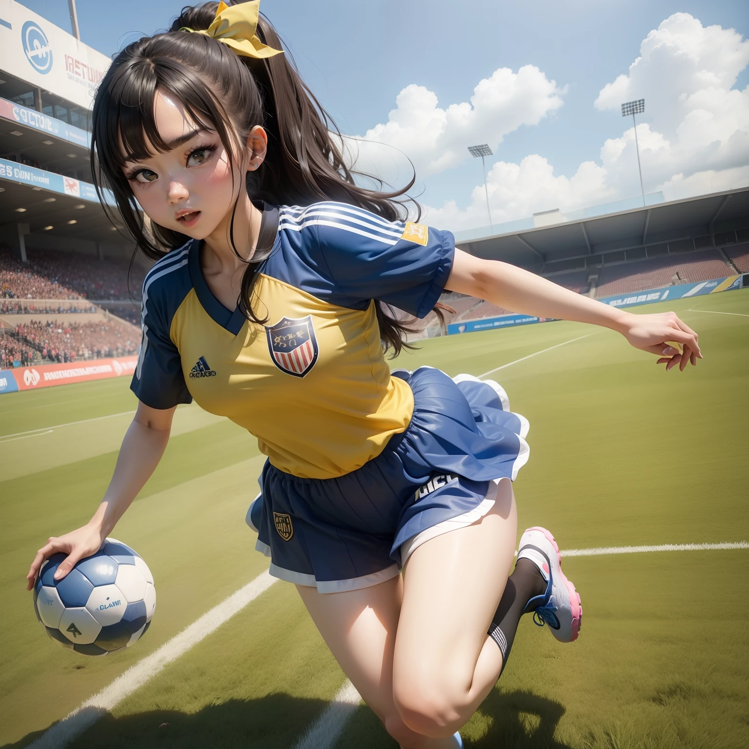Female Idol Playing Soccer(Cute costumes、)、Looks fun、full body Esbian、、Soccer Field、Samurai Blue