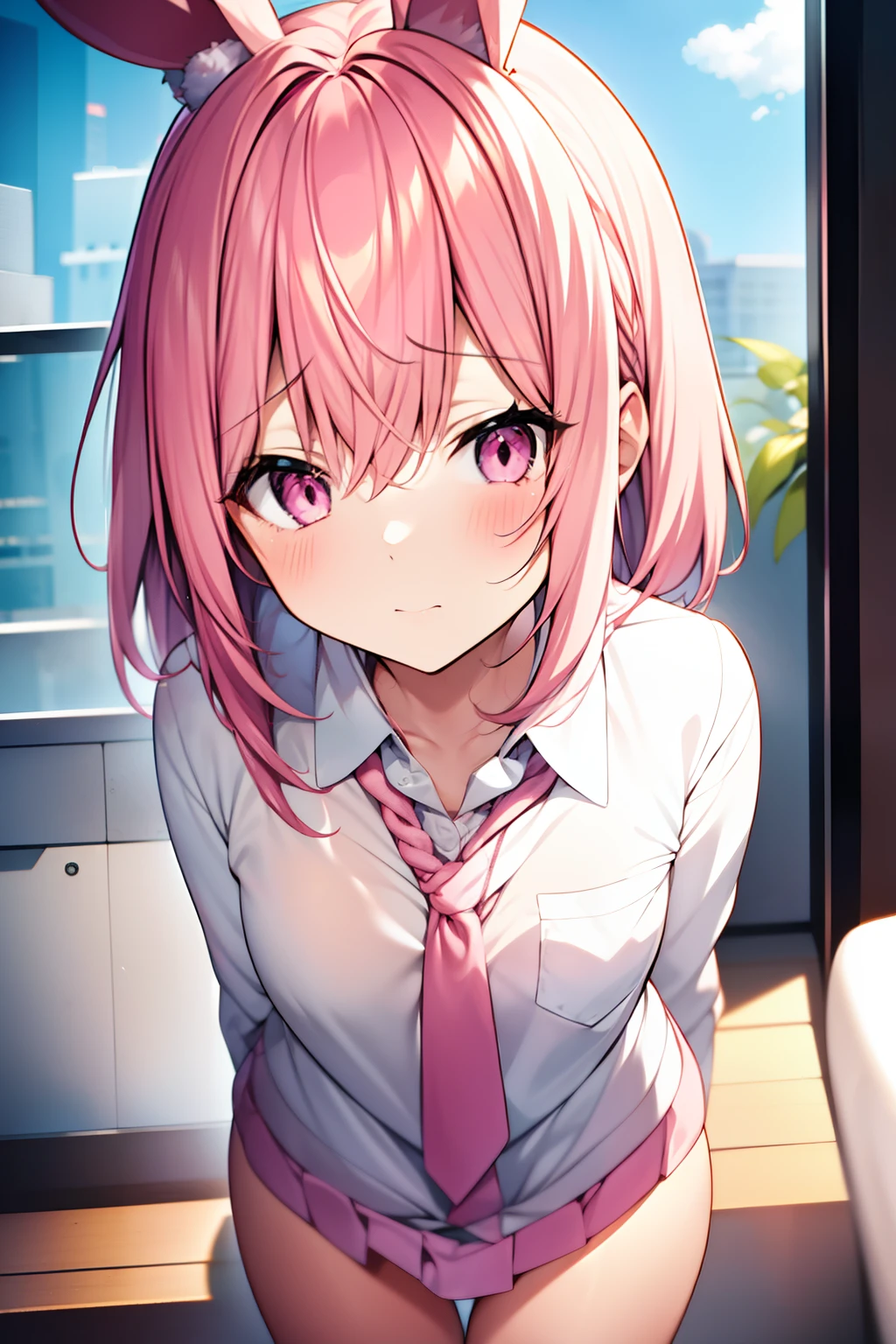 Anime girl with pink hair and bunny ears in pink tie, pink eyes, shy blush