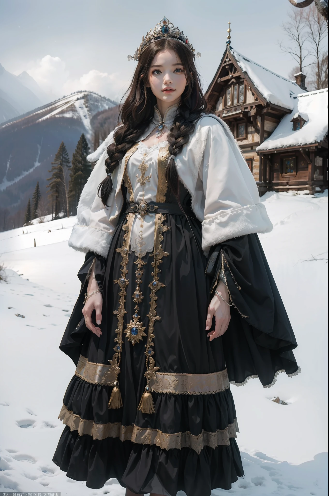 ((top-quality、​masterpiece、photographrealistic:1.4、8K))、Knight with 1 beautiful detailed girl、extremely detailed eye and face、beatiful detailed eyes、Winters、Long hair braids、（Wearing a high-class cloak on his head、Complex and elegant dress in the style of medieval Germany for winter、Princess）、cloak、Luxury Accessories、Elegant smile、natta、（Princess wearing a cloak and walking in the forest in the snow、German-style castle in the background、There is a dragon flying in the sky）、Cinematic lighting、Textured skin、Super Detail、high detailing、High quality、hight resolution、（looking at the viewers）、yuki