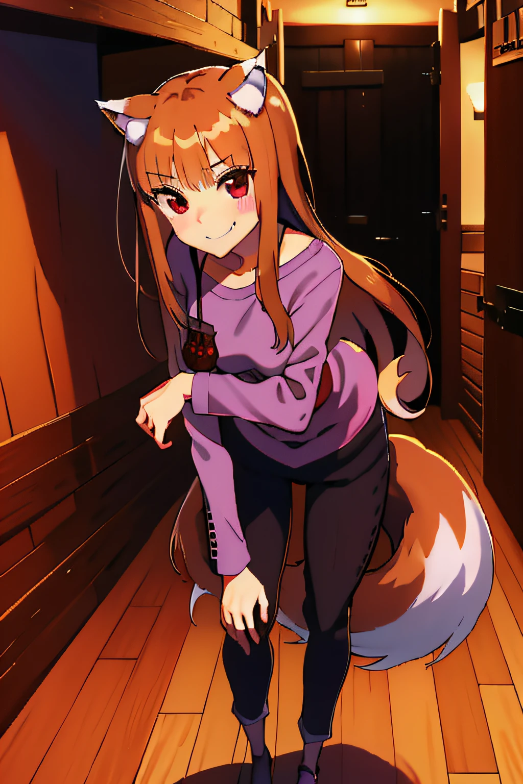 absurdres, best quality, masterpiece, novel illustration,(spice and wolf), (((holo))), (spicytail), (koume keito:1), (ayakura juu:1), (kawakami rokkaku:1), looking at viewer, wolf_ears, wolf_girl, wolf_tail, holo, animal_ears, 1girl, long_hair, brown_hair, purple_shirt, solo, brick_wall, pouch, fang, red_eyes, smile, barrel, front view, leaning forward, open stance, open stance, character focus, leaning forward