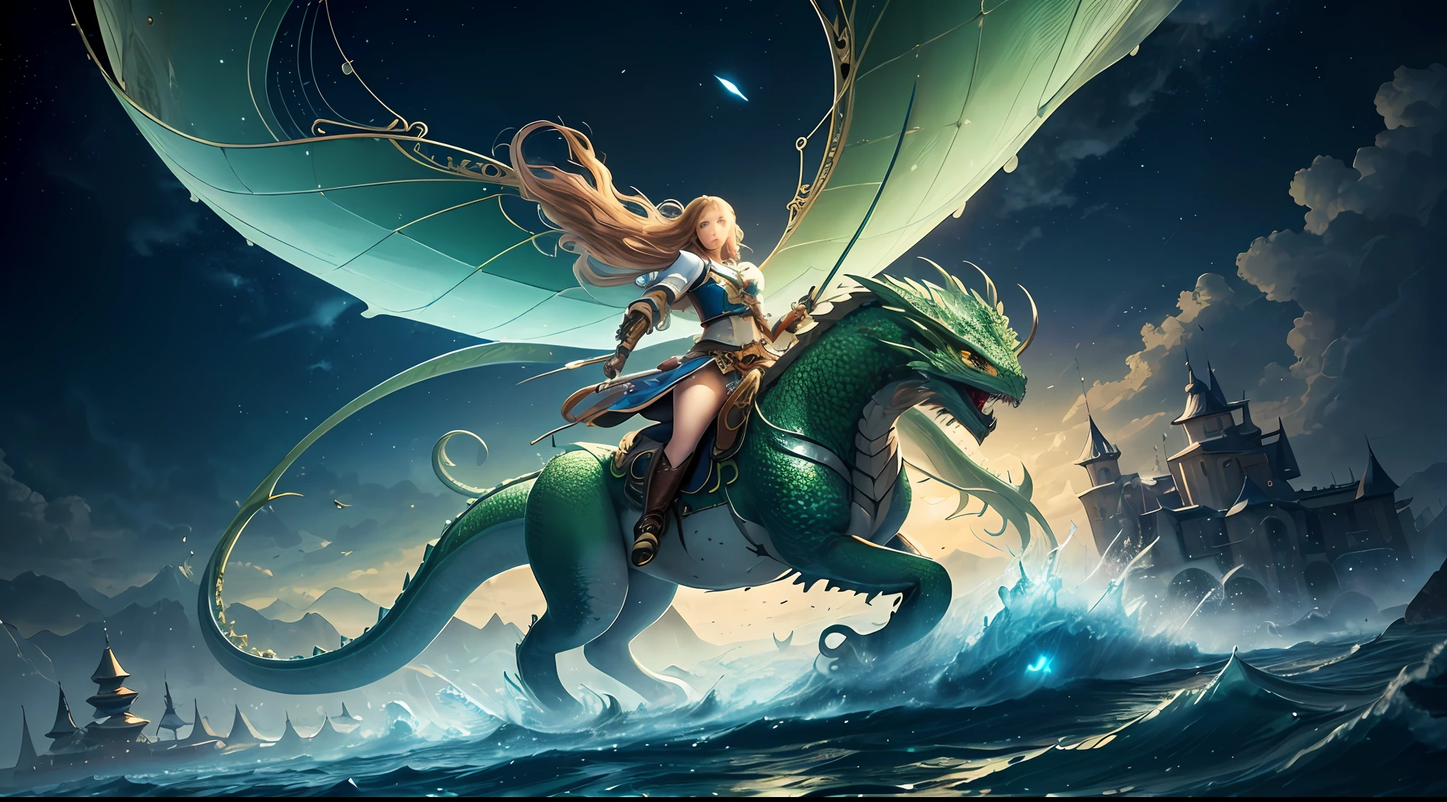 (Masterpiece, Top Quality, Best Quality, Ultimate Detail, Highest Detail, Official Art, Beauty & Aesthetics: 1.2), Golden Ratio, Full Composition, official art, Unity 8k wallpaper, super detailed, beautiful, (fractal art: 1.4), the school girl is riding on the green dragon, flying over the town, full body, crystallineAI, from below, splash