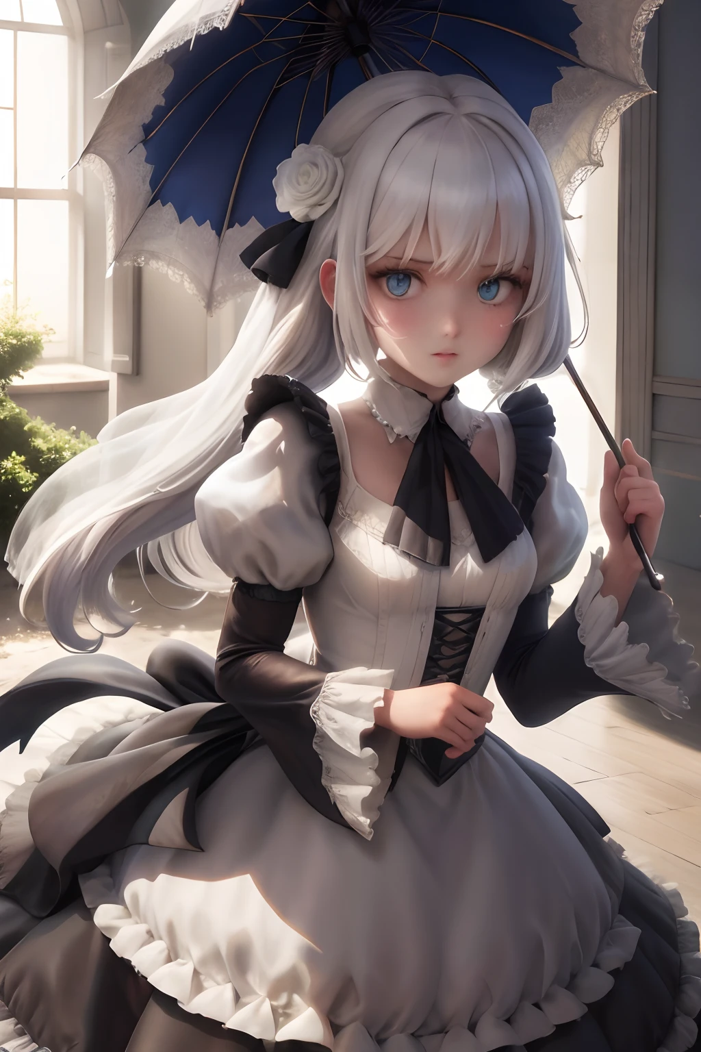 (Meisterwerk), (best quality), HDR, Komplizierte Details, weicher Schatten, Schatten im Gesicht, 1girls, artist_bitten, Kanarische Inseln, lang_sleeves, Lowres, Parodie, rot_Augen, Rosen_Jungfrau, nur, Suigintou, Regenschirm, White_Haar