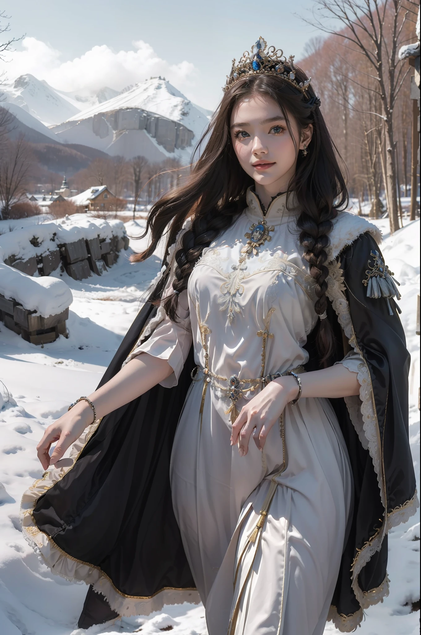 ((top-quality、​masterpiece、photographrealistic:1.4、8K))、Knight with 1 beautiful detailed girl、extremely detailed eye and face、beatiful detailed eyes、Winters、Long hair braids、（Wearing a high-class cloak on his head、Complex and elegant dress in the style of medieval Germany for winter、Princess）、cloak、Luxury Accessories、Elegant smile、natta、（Princess wearing a cloak and walking in the forest in the snow、German-style castle in the background、There is a dragon flying in the sky）、Cinematic lighting、Textured skin、Super Detail、high detailing、High quality、hight resolution、（looking at the viewers）、yuki