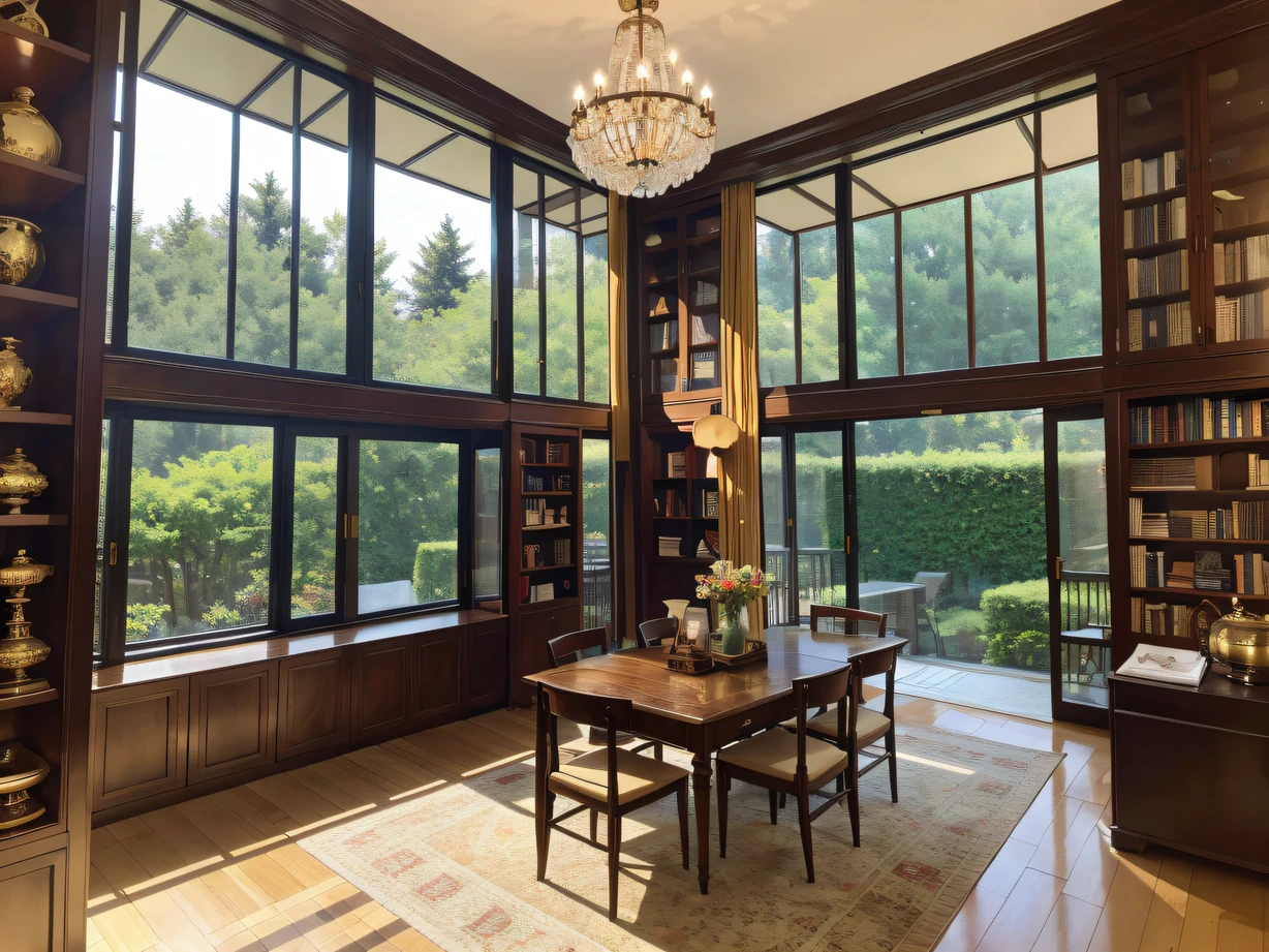 ,masterpiece, best quality,8k, ultra highres,Reallightandshadow,Stroll into this mysterious study,You will be surrounded by an endless sea of books。The luxurious décor and classic furnishings are like a time machine,Transports you to a world full of wits and puzzles。Through the glass window,Sunlight spills over the wooden desk,Exudes a warm breath。The shelves are lined with ancient books and rare books,Their covers are fantastic、The text flows with the taste of history。The view of the courtyard is projected through floor-to-ceiling windows,rich greenery,It gives you a sense of tranquility in the middle of nature。In this study,You can talk to literary greats,Mingle with history,Think and feel,Open the door to wisdom,Let your soul be nourished。